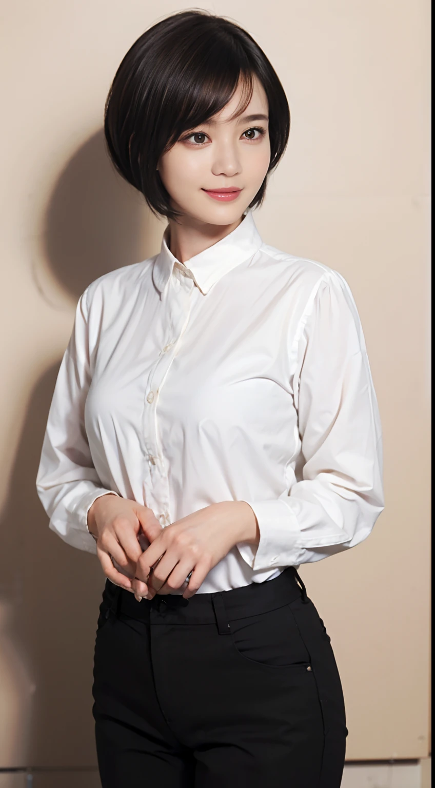 87
(a 20 yo woman,is standing), (A hyper-realistic), (masutepiece), ((short-hair:1.46)), (Smooth black hair), (Breast:1.0), (kindly smile), wear long pants, (Wearing a long-sleeved shirt), (Beautiful skin:1.5), (Big paintings)