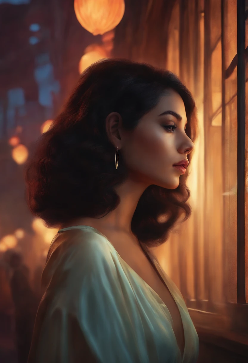  de pele escura com cabelo subcortado, Ilustrado por Aoiro Studio e Masaaki Komori, hiper detalhado, neon lights, Cinematic lighting, pintura fosca, illustrated in an oil painting style, trending on ArtStation, contemporary art, surrealist and dreamlike atmosphere.