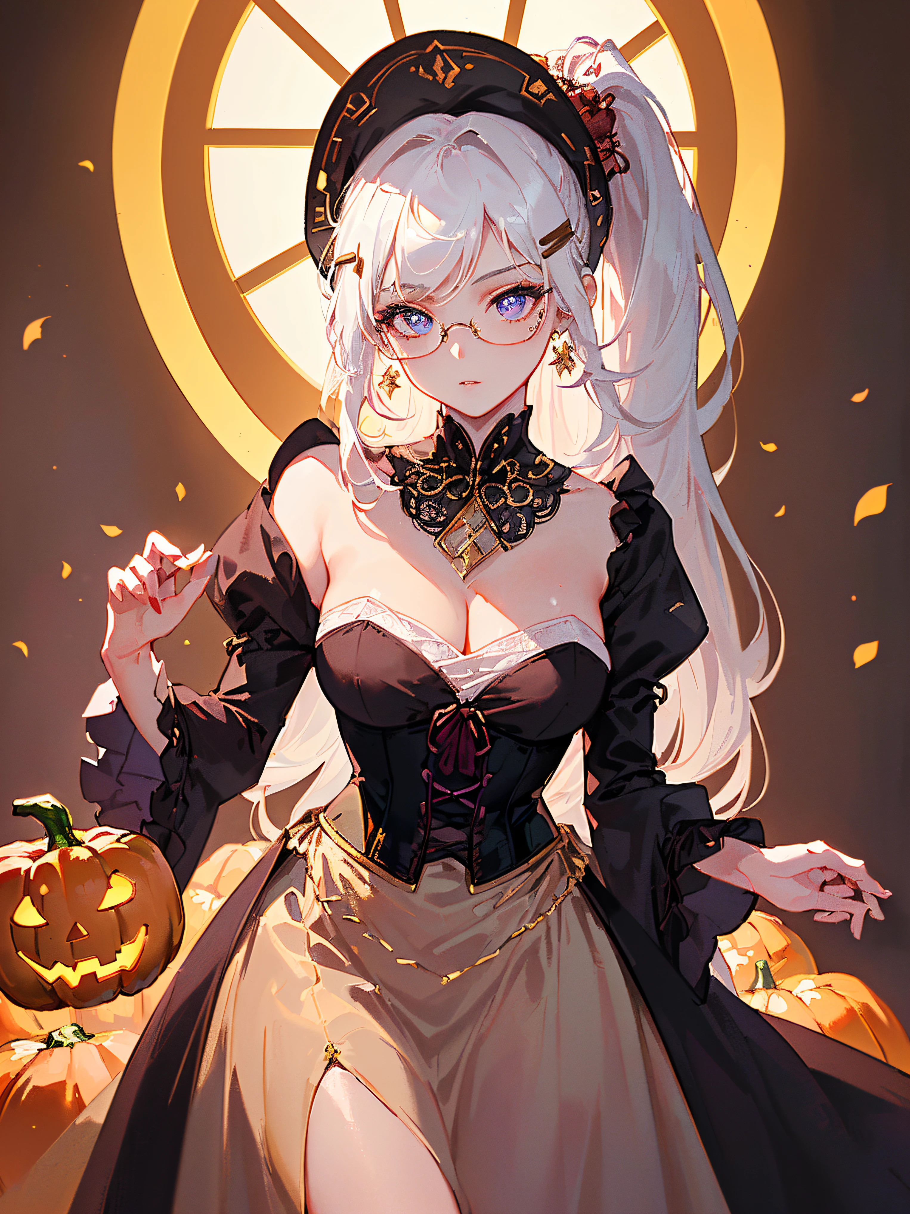 ((((holloween theme,meticulous portrayal of face，1 noblewoman，a matural female，))))(Black dress long dress，)(dark night background+,perfect background)，Prom，Court etiquette，  s the perfect face， Perfect lips， perfect  eyes,)(((theater gothic dress,long sleeves,white hair,puff sleeves,corset,large breasts)))，((1lady,adorable korean mixed race of Saudi Arabia girl，rosto magro，Solo,))(Masterpiece,Best quality, offcial art, Beautiful and aesthetic:1.2),((超高分辨率,Golden ratio,)) (16k),((hawk mask,round eyewear,melon face，from above，1JK,pumpkin,pumpkin light,big purple witch hat)),(Physically-based rendering),Amazing,Sharp focus, (((highdetailskin,))),Intricately detailed clothing，Burgundy pupils,Hexagram pupils,intricate pupils,((((detailed hair|long hair|long bangs|ponytail)))),((Slender,))(masterpiece sidelighting),(The sheen),(beautiful hair,beautiful eyes,）[[Delicate fingers and hands:0.55]::0.85],(Detail fingers),(((Superior quality)))),((unbelievable Ridiculous,)),((extremely_Detailed_Eyes_and_face)),Movie girl,(Dynamic configuration: 1.2),Brilliant,Beautiful woman, (Photorealistic),( maple,), mitts, star earrings, ((hairclip)), Light particles, view the viewer,  petals, Side Rock,, two-sided fabric