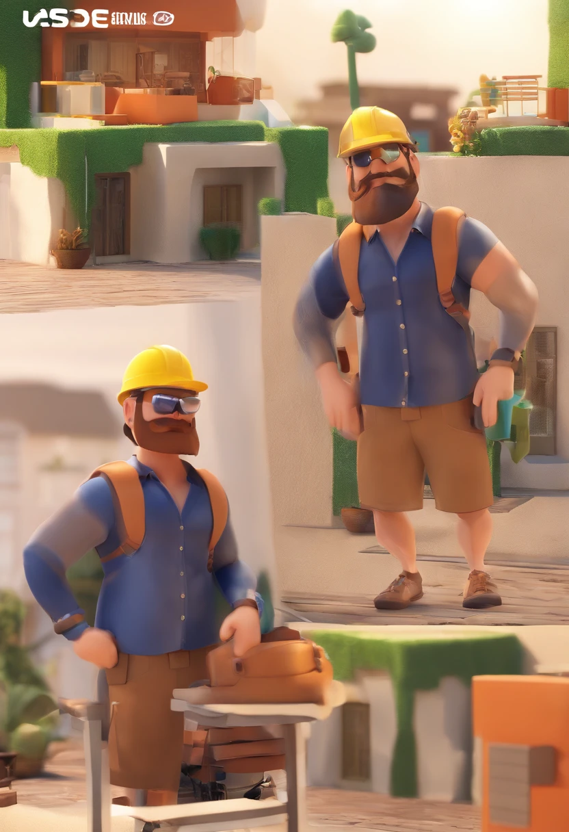 Estilo Pixar: Homem, rosto fino, Brown eyes with white helmet construction on head, 27 anos com bigode fino marrom escuro, sem barba, com brinco na orelha direita, with tattoo on the arm, COM CAMISA BRANCA, in a building under construction, retrato do rosto, with sun glasses