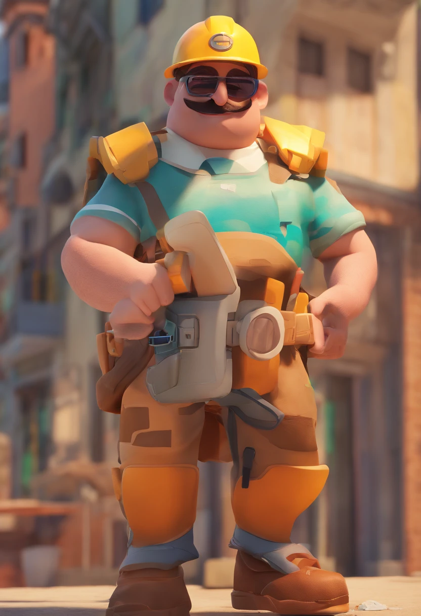 Estilo Pixar: Homem, rosto fino, Brown eyes with white helmet construction on head, 27 anos com bigode fino marrom escuro, sem barba, com brinco na orelha direita, with tattoo on the arm, COM CAMISA BRANCA, in a building under construction, retrato do rosto, with sun glasses