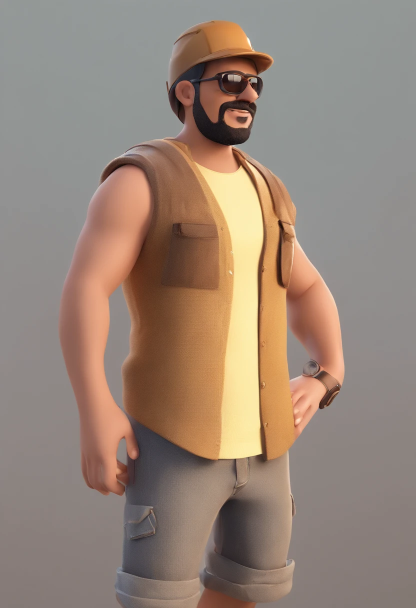 Estilo Pixar: Homem, rosto fino, Brown eyes with white helmet construction on head, 27 anos com bigode fino marrom escuro, sem barba, com brinco na orelha direita, with tattoo on the arm, COM CAMISA BRANCA, in a building under construction, retrato do rosto, with sun glasses