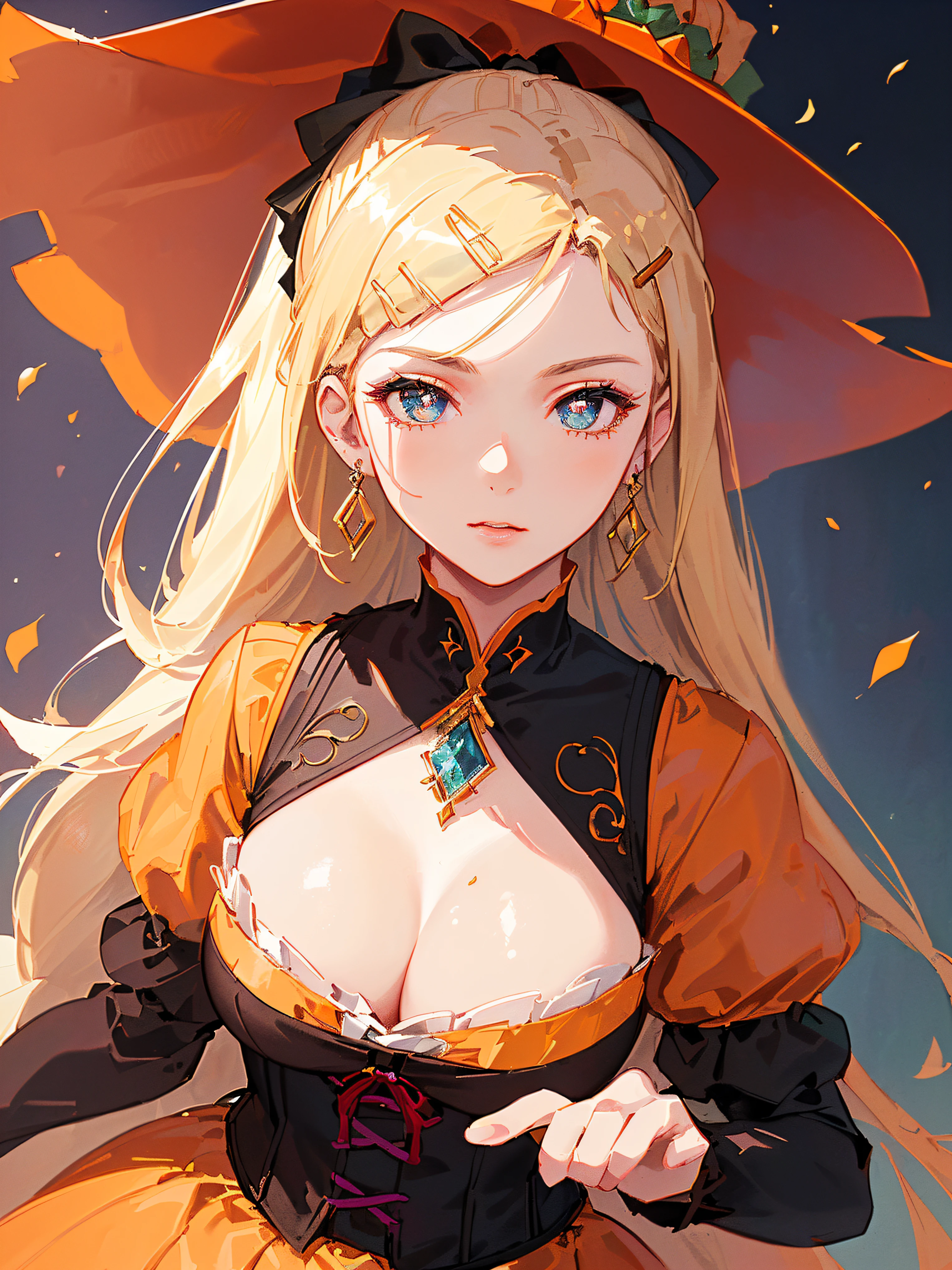 ((((holloween theme,meticulous portrayal of face，1 noblewoman，a matural female，))))(Black dress long dress，)(dark night background+,perfect background)，Prom，Court etiquette，  s the perfect face， Perfect lips， blood eyes,)(((theater gothic dress,long sleeves,blonde hair,puff sleeves,corset,large breasts)))，((1lady,adorable korean mixed race of Saudi Arabia girl，rosto magro，Solo,))(Masterpiece,Best quality, offcial art, Beautiful and aesthetic:1.2),((超高分辨率,Golden ratio,)) (16k),((round eyewear,melon face，from above，1JK,pumpkin,pumpkin light,big witch hat)),(Physically-based rendering),Amazing,Sharp focus, (((highdetailskin,))),Intricately detailed clothing，Burgundy pupils,Hexagram pupils,intricate pupils,((((detailed hair|long hair|long bangs|ponytail)))),((Slender,))(masterpiece sidelighting),(The sheen),(beautiful hair,beautiful eyes,）[[Delicate fingers and hands:0.55]::0.85],(Detail fingers),(((Superior quality)))),((unbelievable Ridiculous,)),((extremely_Detailed_Eyes_and_face)),Movie girl,(Dynamic configuration: 1.2),Brilliant,Beautiful woman, (Photorealistic),( maple,), mitts, star earrings, ((hairclip)), Light particles, view the viewer,  petals, Side Rock,, two-sided fabric