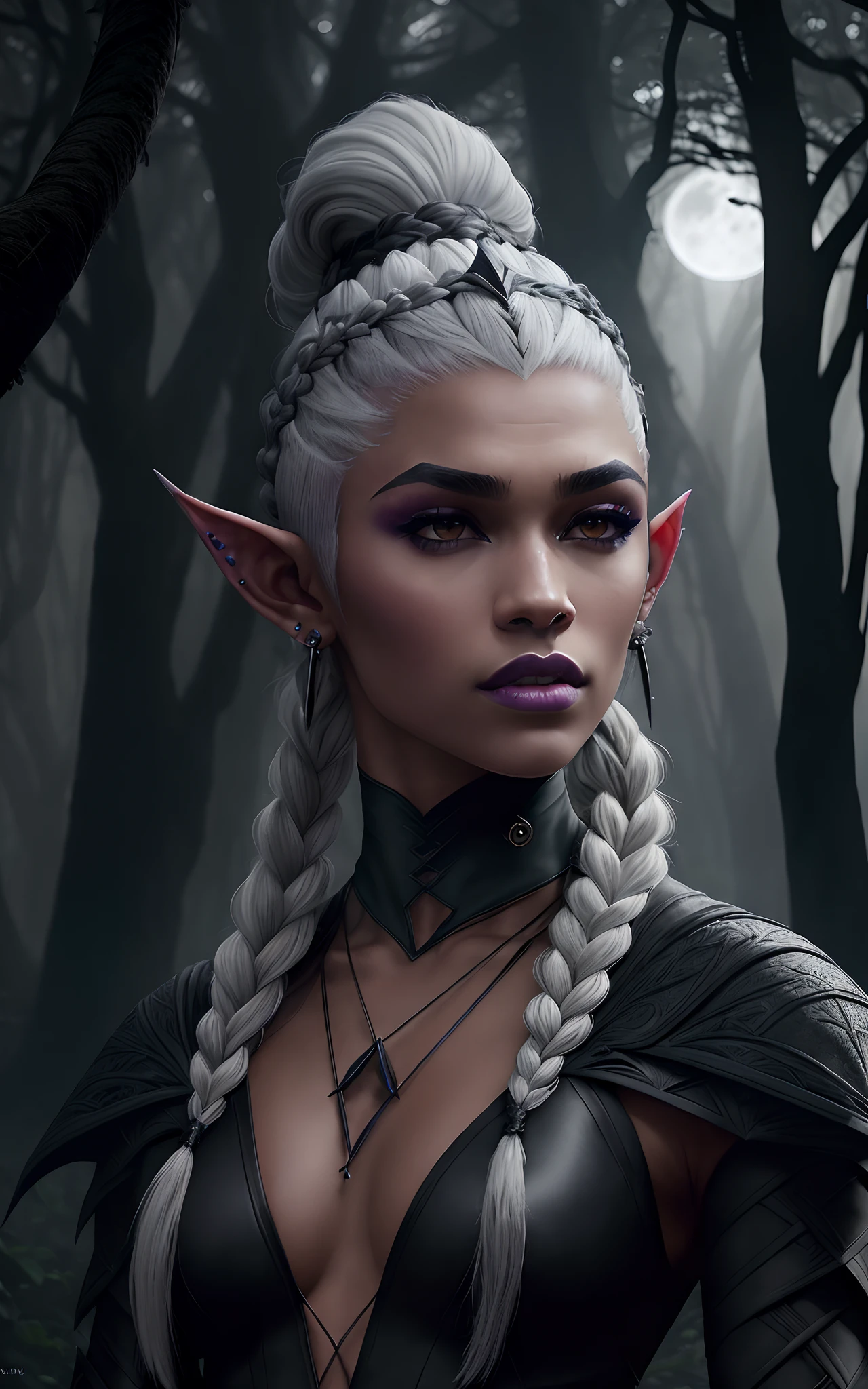 (Dark elf witch), the face of zendaya:Dua lipa, pointy ears, grey skin, white hair, (high top fade haircut), (one braid in one side of the head), masterpiece, dark forest in the background, fog, in the night, full moon ligth, 8k, detailed digital art.