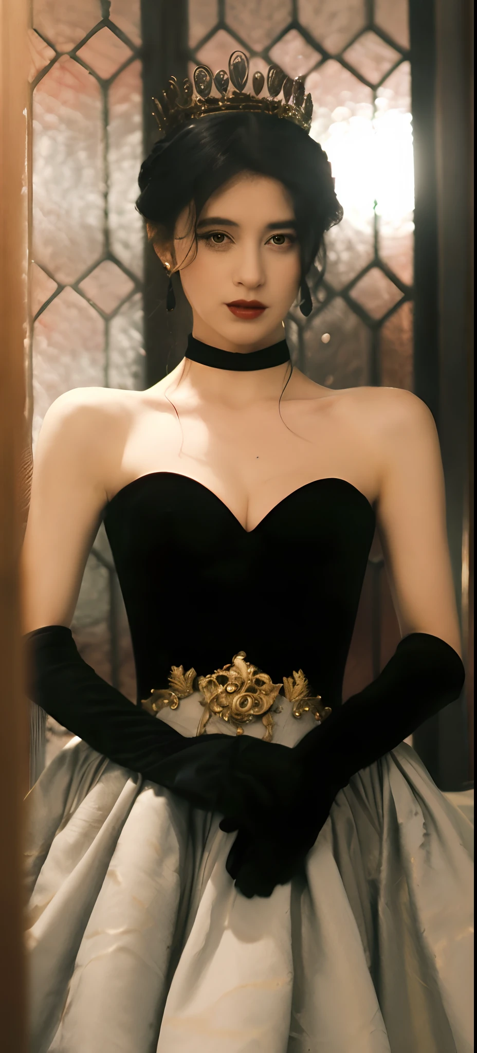 Wearing a black dress,Alafidian woman with a golden crown on her head, Elegant Gothic princess, Gothic billionaire, elegant corset, exquisite aristocratic, Pretty Eva green vampire, Pretty female Eva green vampire, elegant victorian vampire, porcelain pale skin, in victorian aristocrat, beautiful vampire female queen, rococo onyx headpiece, pale-skinned, royal elegant pose