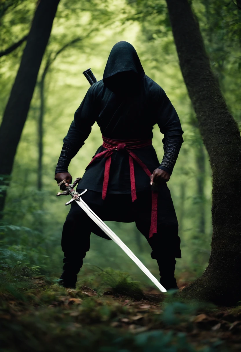 black men ninja with a sword in the woods