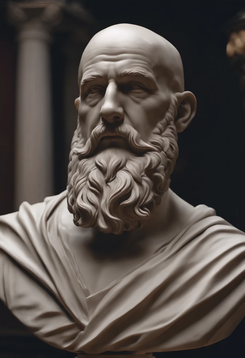 a close up of a bust of a man bald with a beard, cinematic bust portrait, realistic 8k bernini sculpture, cinematic bust shot, highly detailed sculpture, cinematic close-up bust shot, greco roman statue, roman emperor, bust portrait, high detail iconic character, bust with intricate details, zbrush art, bust with a beautiful neck, bust.