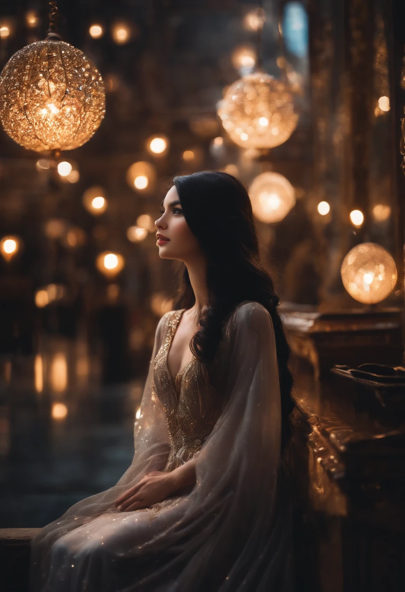 Reflections of light, sparkles, Black long hair ,girl, very shy, blushing, view from top, girl look up, high quality, wearing dress, shy face, Wearing a robe