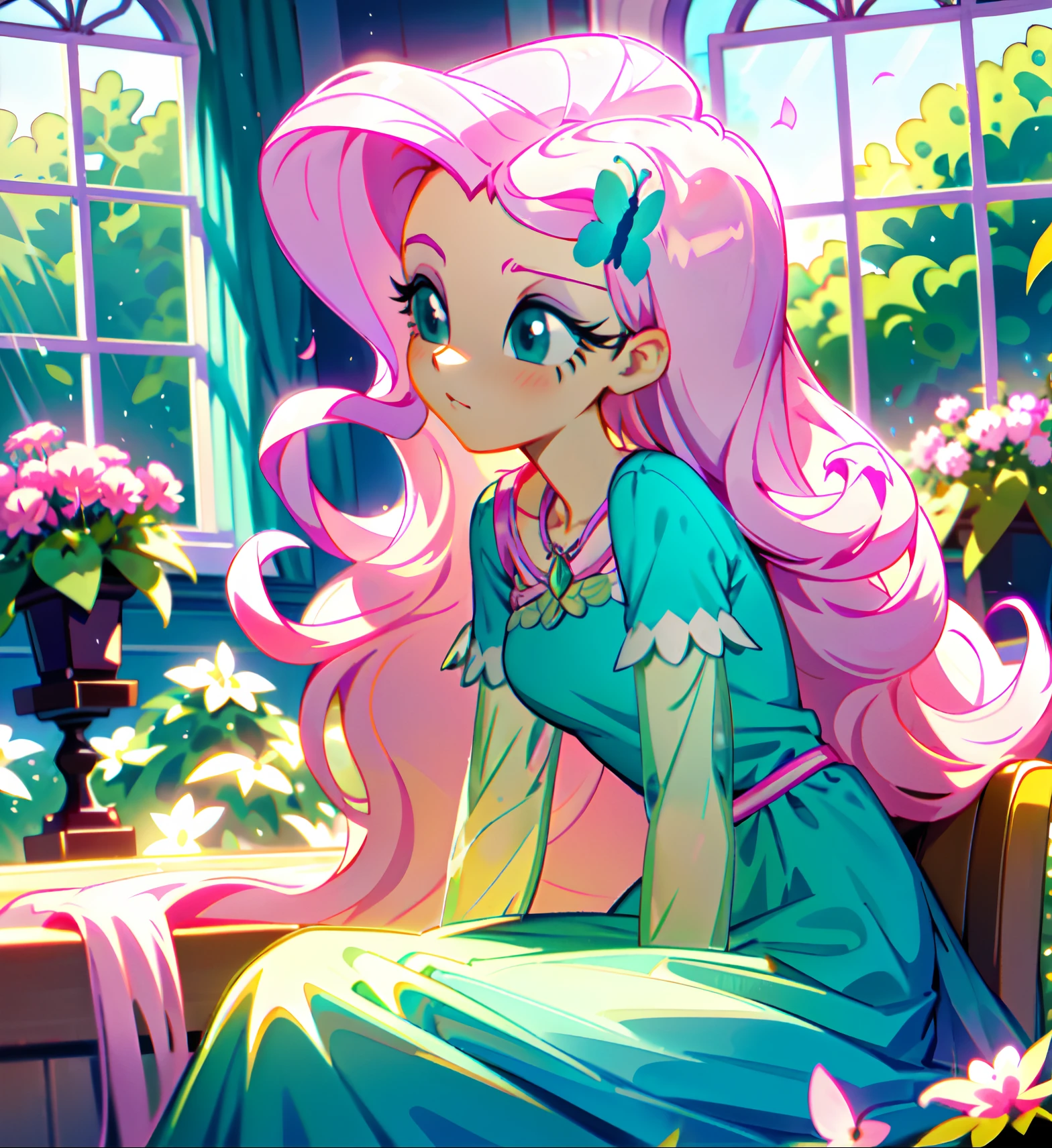 Fluttershy, fluttershy from my little pony, fluttershy in the form of a girl, lush breast, pink long wavy hair, soft smile, flowers, butterflies, rainy day, raining, indoor in a green botanical garden, dome, lots of flowers, dense mass plants, the background landscape is a garden with petals, Dahlia and peony flowers everywhere, turquoise eyes, turquoise eyeshadow, green dress, butterfly hair clip, detailed lighting, sunlight, yellow pure light, ((sitting next to a window)),  heavenly plants, hanging flower pots, pink and green flowers everywhere, flower crown, green glass dome, extremely long hair, glaring out a window, a lot of flowers surrounding her