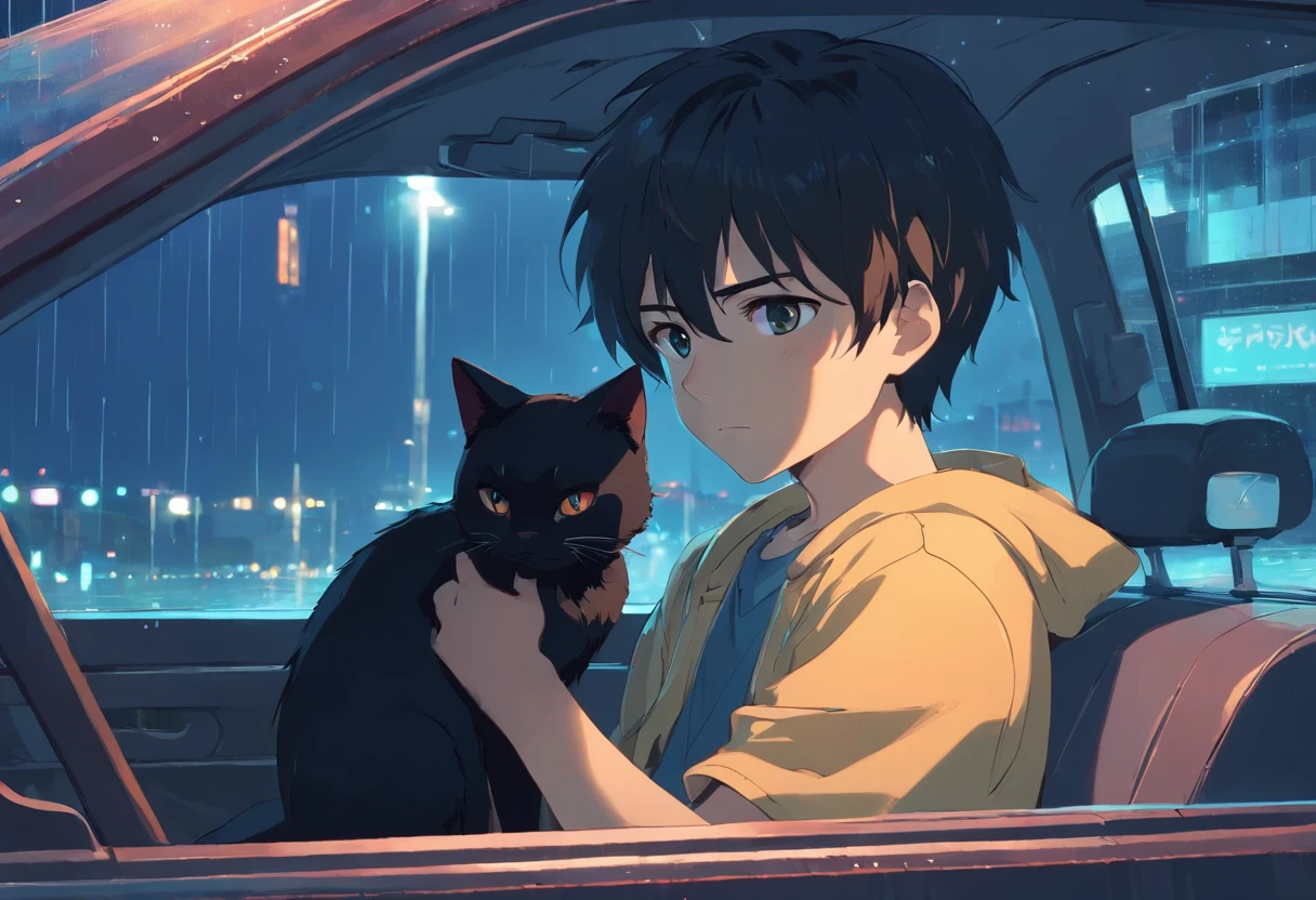 1 boy, Sitting in Car, Holding a black cat,Depressed expression, Lonely, Disappointed, rainy outside, Night