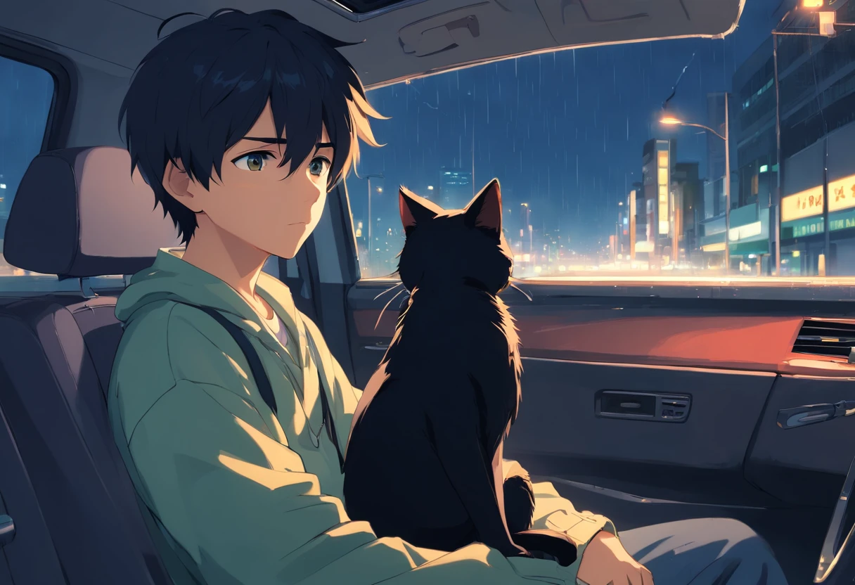 1 boy, Sitting in Car, Holding a black cat，Depressed expression, Lonely, Disappointed, rainy outside, Night