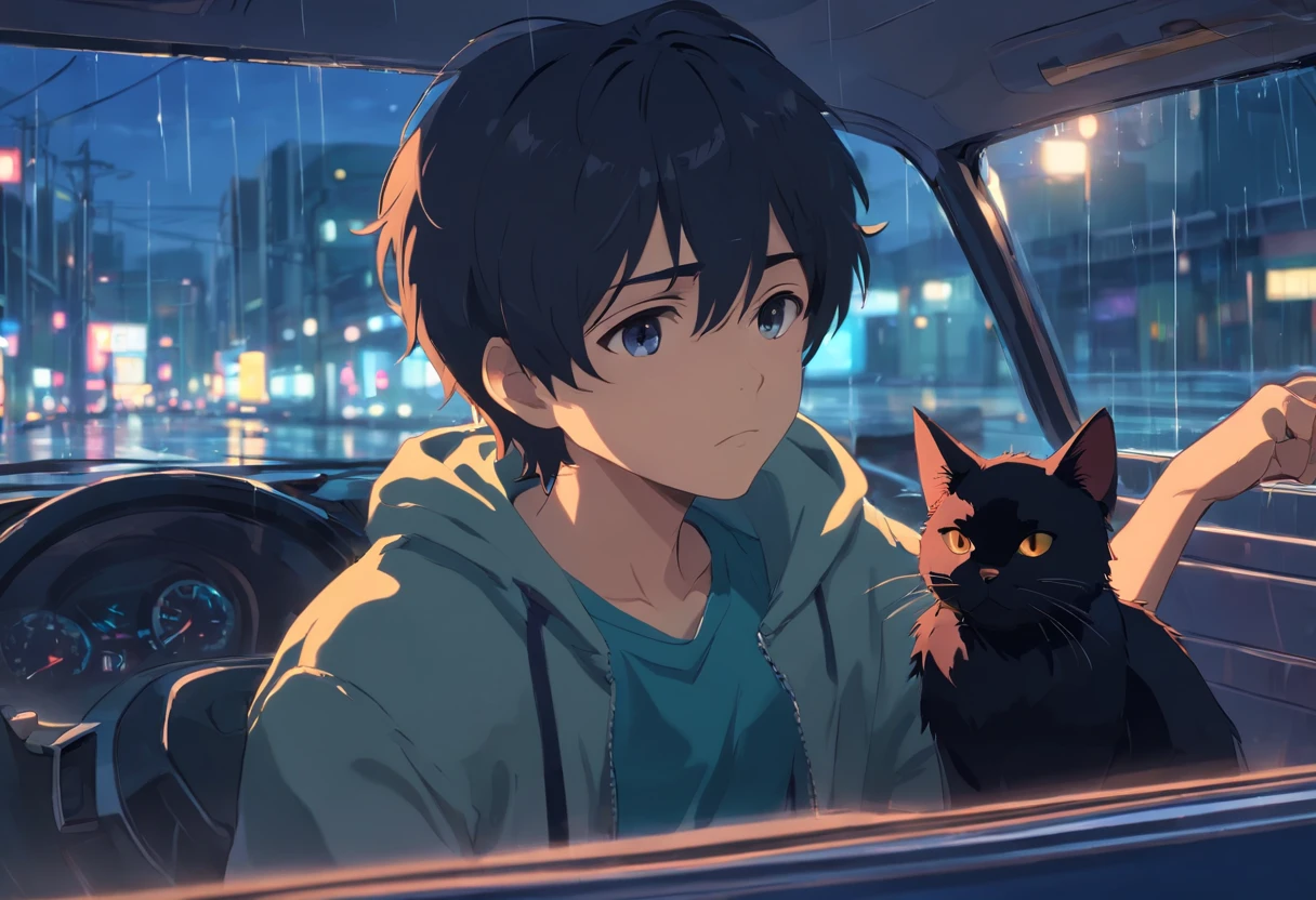 1 boy, Sitting in Car, Holding a black cat，Depressed expression, Lonely, Disappointed, rainy outside, Night