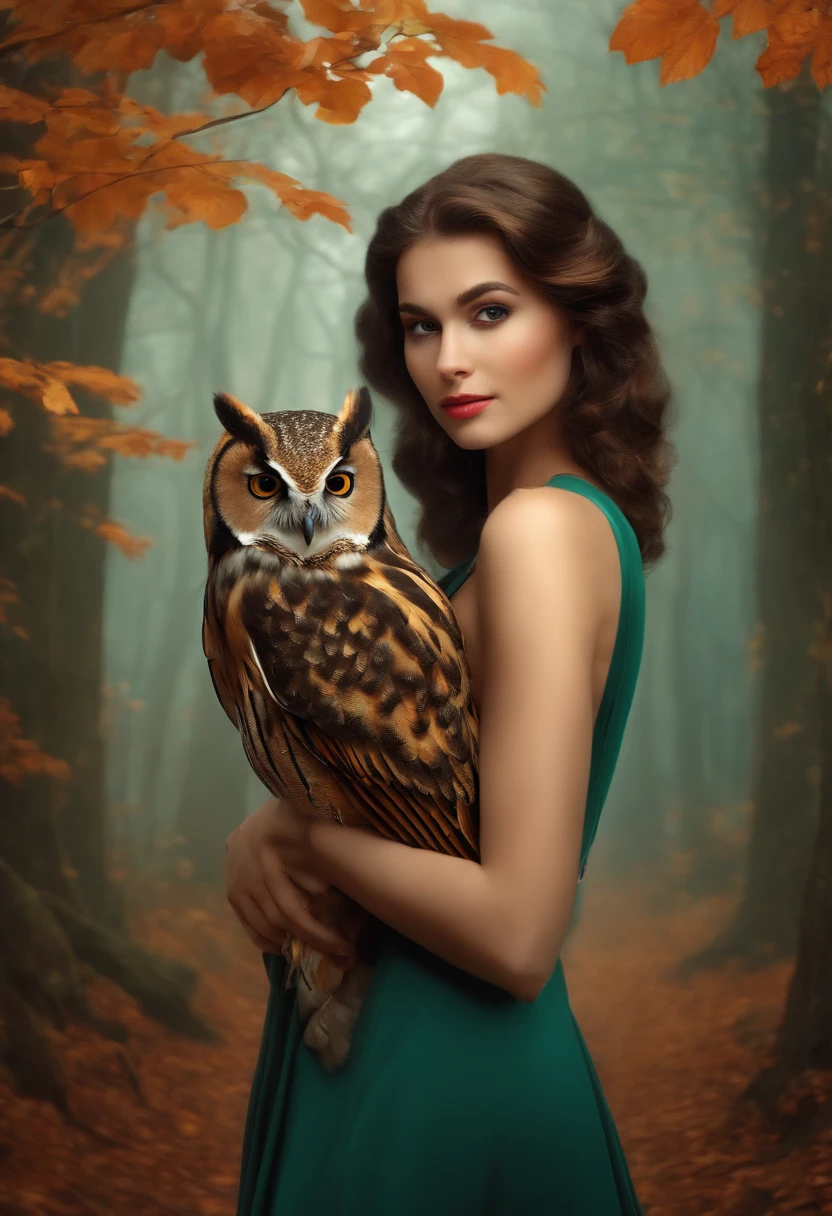 An owl sits on the shoulder of a beautiful girl. They're in the woods.