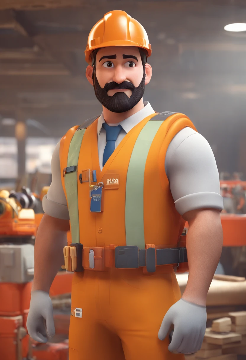 Estilo Pixar: Homem, magro, rosto fino, Brown eyes with white helmet construction on the head, 27 anos com bigode fino e marrom escuro, sem barba, com brinco na orelha direita, with tattoo on the arm, COM CAMISA BRANCA, Standing in building under construction