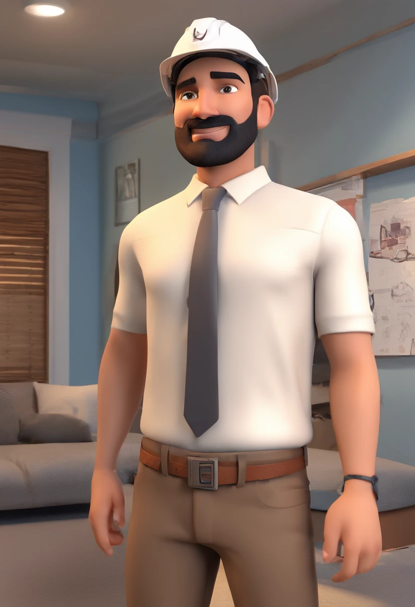 Estilo Pixar: Homem, magro, rosto fino, Brown eyes with white helmet construction on the head, 27 anos com bigode fino e marrom escuro, sem barba, com brinco na orelha direita, with tattoo on the arm, COM CAMISA BRANCA, Standing in building under construction