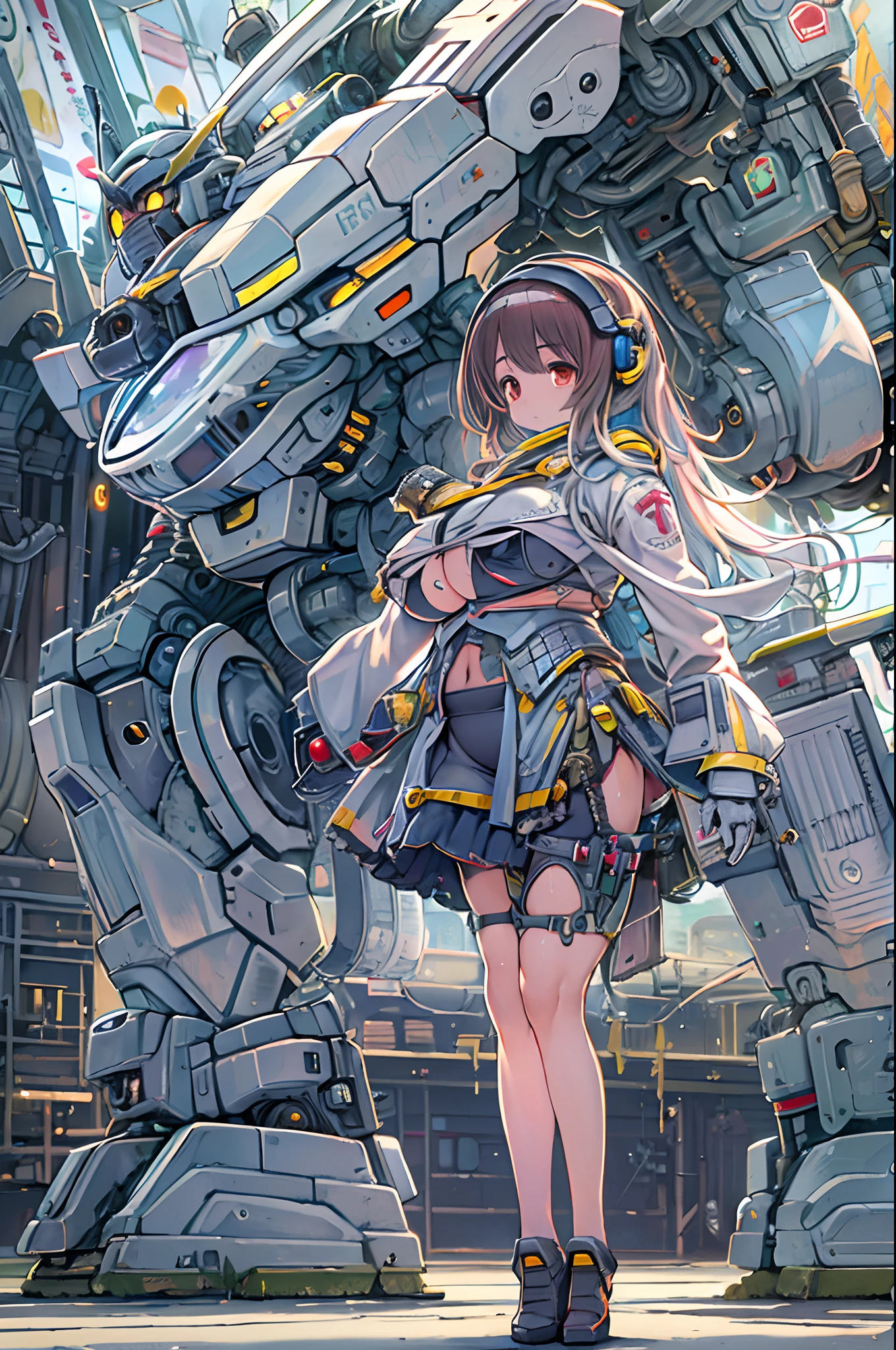 ((masutepiece, Better Quality)),Illustration,Ultra Detailed 8k,Photorealistic,Sharp Focus,Very detailed,Professional Lighting,Colorful Detail,Iridescent Break Very long plans of the factory,large mechanical robot construction,microchips,a computer,Glossy, Intricate details,shitu-mecha,One girl stands next to a mecha, Gundam, Navel, Cute, Sexy, Eye super detailed,