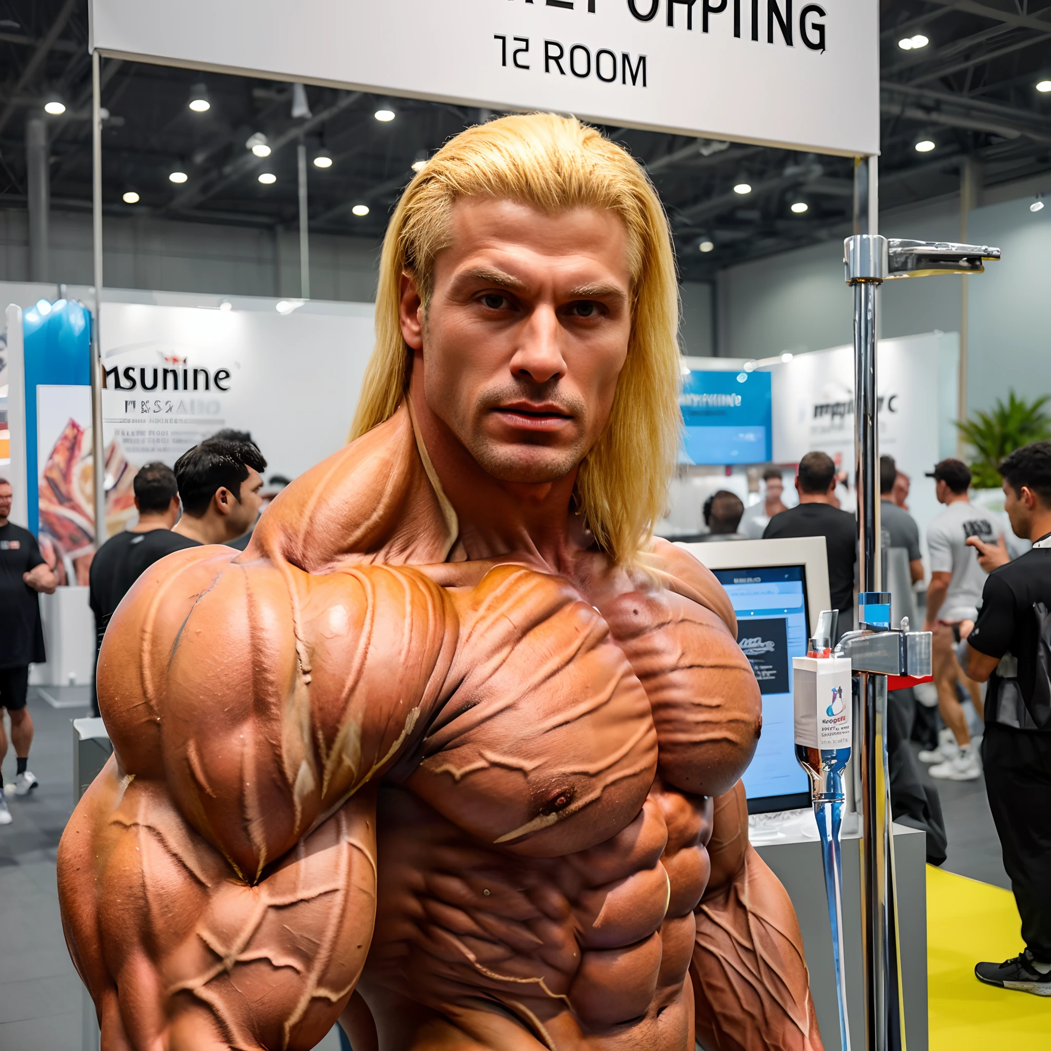 un Bodybuilder iper realistico , ultra dettagliato asiatico con volto giapponese alto 3 metri dal peso di 300 kg , capelli biondi lunghi con la coda, occhi azzurri, mascelle larghe, gambe impressionanti piene di venature, deltoidi come palloni , mentre posa presso uno stand con il marchio: INSULINE PUMPING ROOM presso la fiera del Mister Olympia 2023 di Bodybuilding.