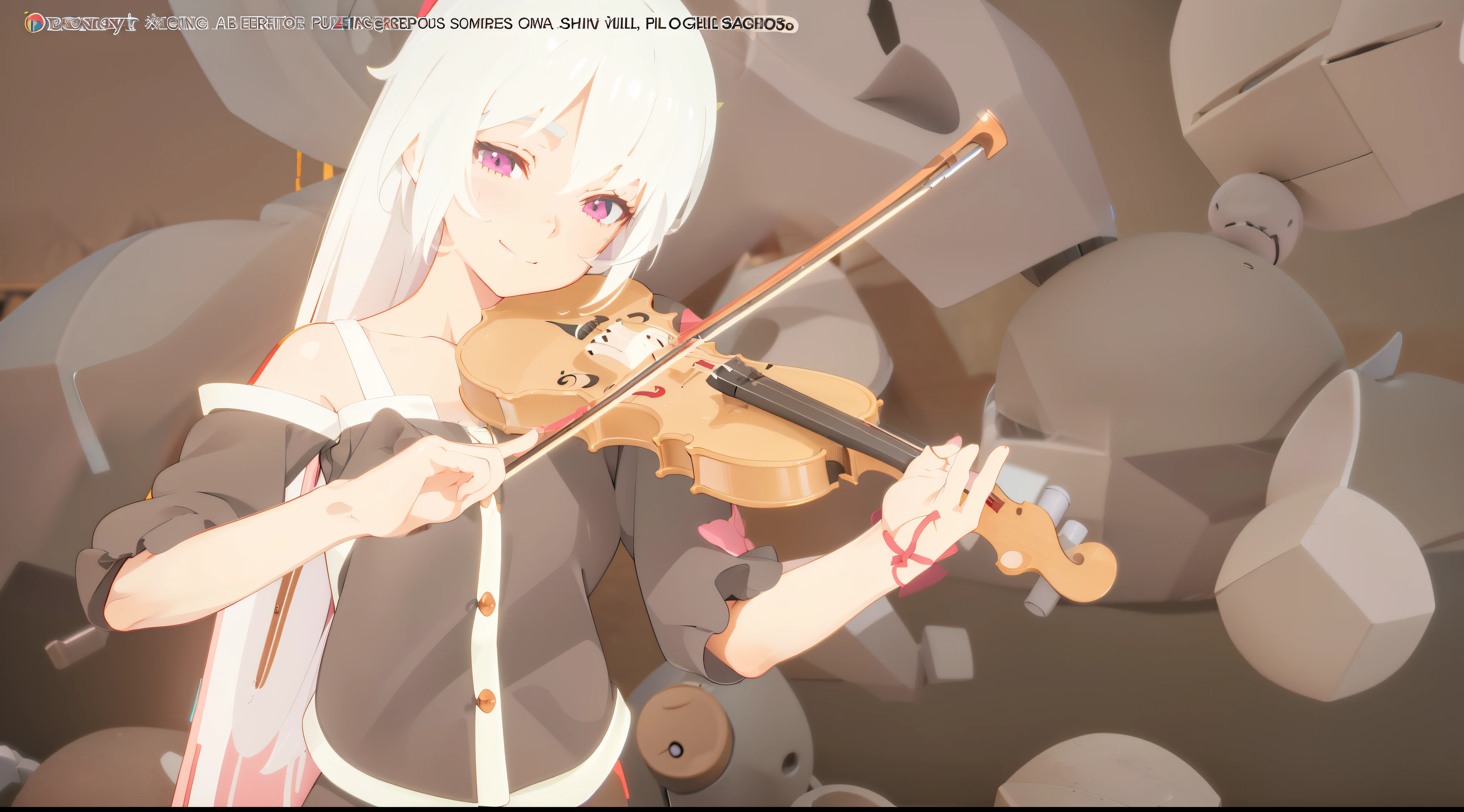 Anime girl playing violin with bow in hand, (fantasy violin), ( ( 3 d rendered ) ), cheerfulness!!!, Royal sister color, fantasy violin, ( ( ( ( 3 d rendered ) ) ) ), anime styled 3d, made with anime painter studio, White-haired god, Also, violin, nightcore, tsuaii, anime. Soft lighting