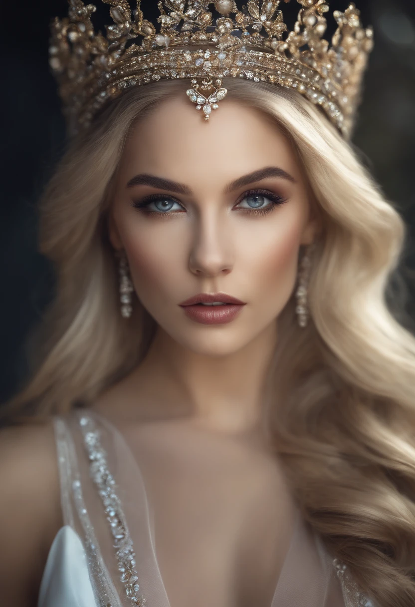 Princess, blonde, middle parted hair, white skin, beautiful, straight hair, clear face, wearing tiara, Provocative expression, looking at viewer