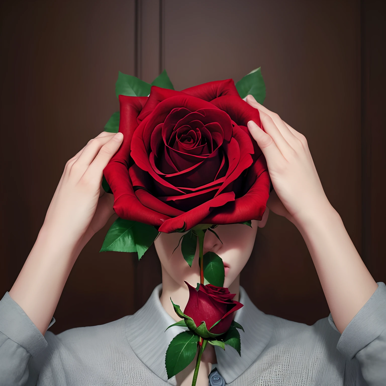 a person blocking their face with a rose