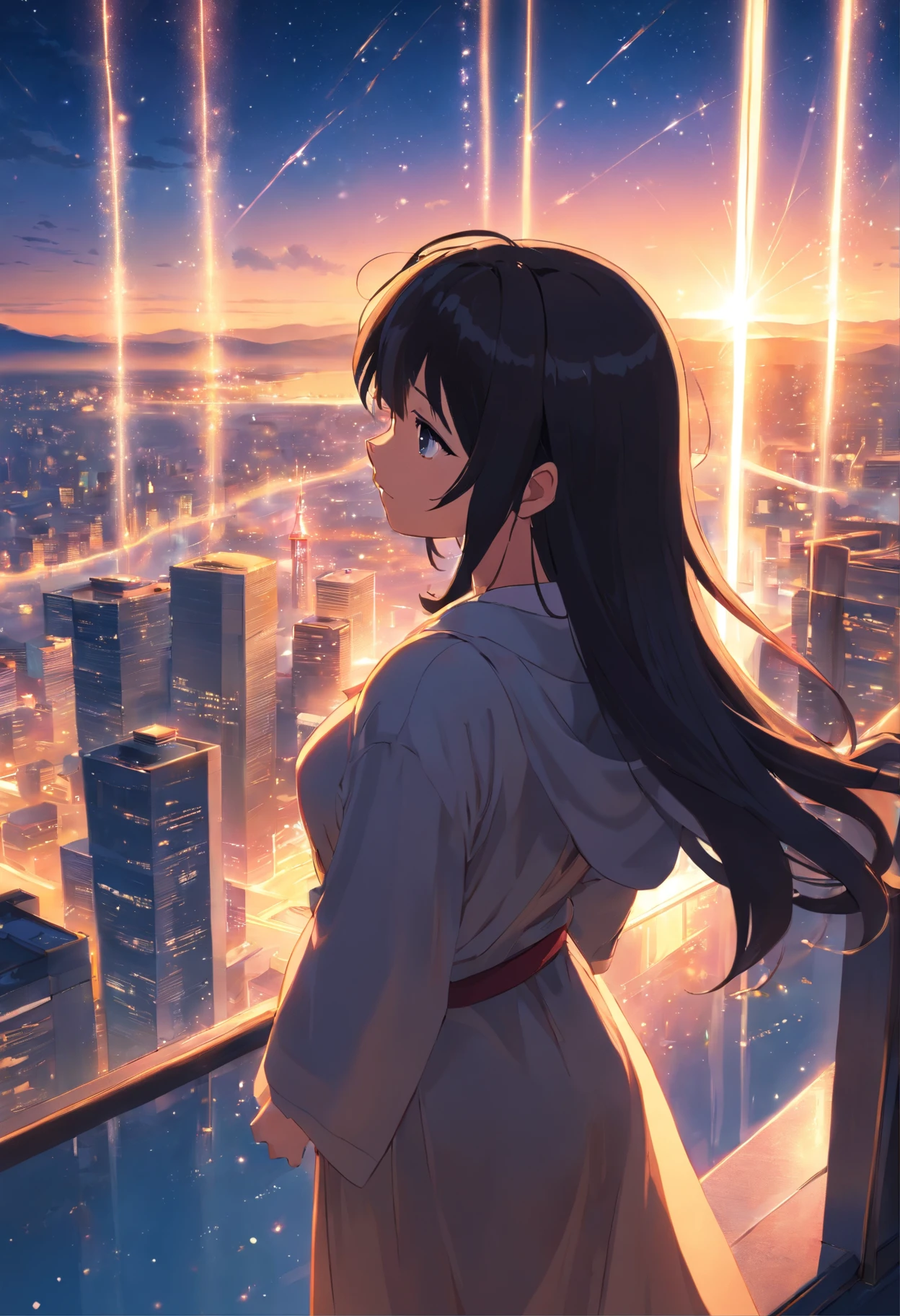 Reflections of light, sparkles, Black long hair ,girl, very shy, blushing, view from top, girl look up, high quality, wearing dress, shy face, Wearing a robe