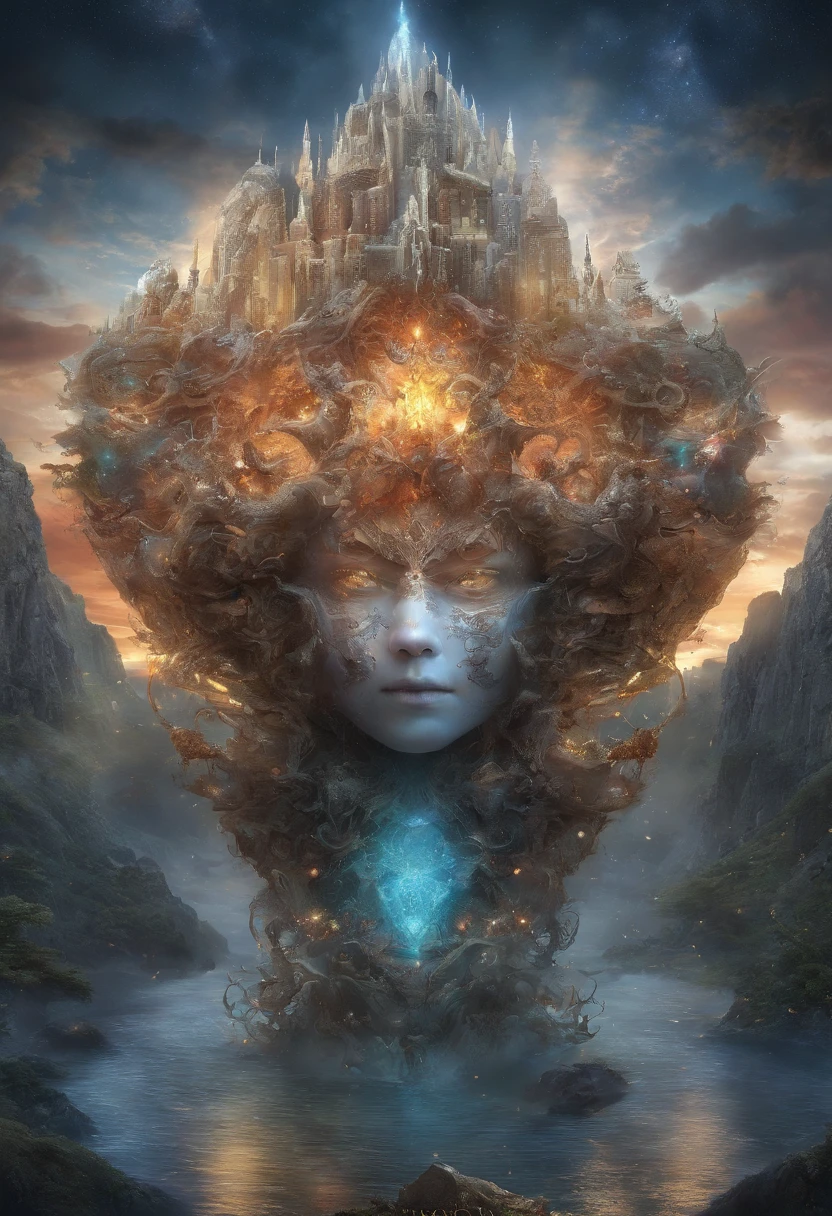 In the vastness of Eelandria, Under the mysterious sky, A myriad of dimensions are intertwined. A gravity-defying floating continent, The vibrant sea sparkles with unfamiliar colors, The huge mountain hides the secrets of the universe. On the horizon, Interdimensional Portal Manifest, Connecting a distant planet to the epicenter of this anomaly. Mystical creatures of various shapes and sizes coexist, Echoes of a distant reality.(Masterpiece, Top Quality, Best Quality, Official Art, Beautiful and aesthetic:1.2), (1Girl:1.2), Cute, Extreme Detailed,(Abstract:1.4, fractal art:1.3),(silver_heads:1.1), fate \(series\), colourfull,highest details, the fire, ice, salama, (Splash_fine art:1.2), jewellery:1.4, , landscapes, ink,makeups,beautiful
