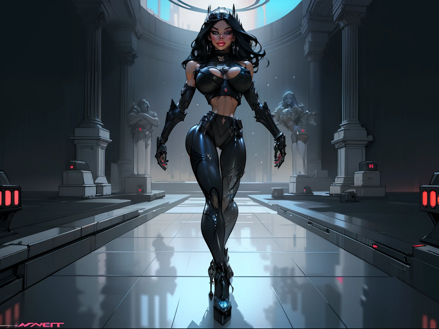 model runway show, A shimmering black metallic robot woman, multiple women, 2 women, colored skin(titanium skin:1.5), walking away from viewer,big ass, looking back, back view, adorned in hues of black metal, emanating a futuristic elegance and technological marvel, pump boots, black metal bra, chrome tiara, exposed midriff, detailed eyes, ((slendered abs )),((huge breasts)), (full bodied), wide hips, (fake lips:1.5), metallic slender abs,rim lighting, side light, cinematic light, ultra high definition, 8k, film grain,best shadow, light particles, detailed skin texture, detailed gem armor texture, detailed face, intricate details, super detailed, bright, spiked heel boots