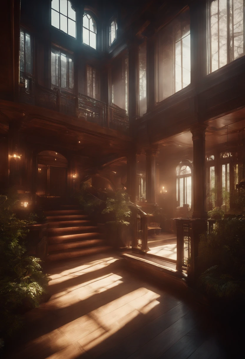 Best Quality, hight resolution, Stylized, Concept art, translucent tesseract, sci-fi mansion inside