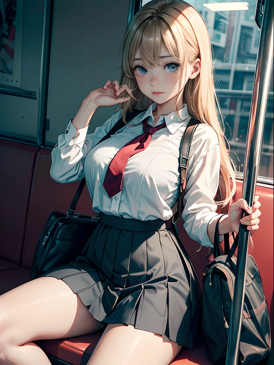 interior of VERY crowded subway train, Incredibly girl standing, Wears sexy ((School uniform)), ((She lifted her back skirt.)), ((3/4 white stockings)), ((large)), ( (turned thighs)),