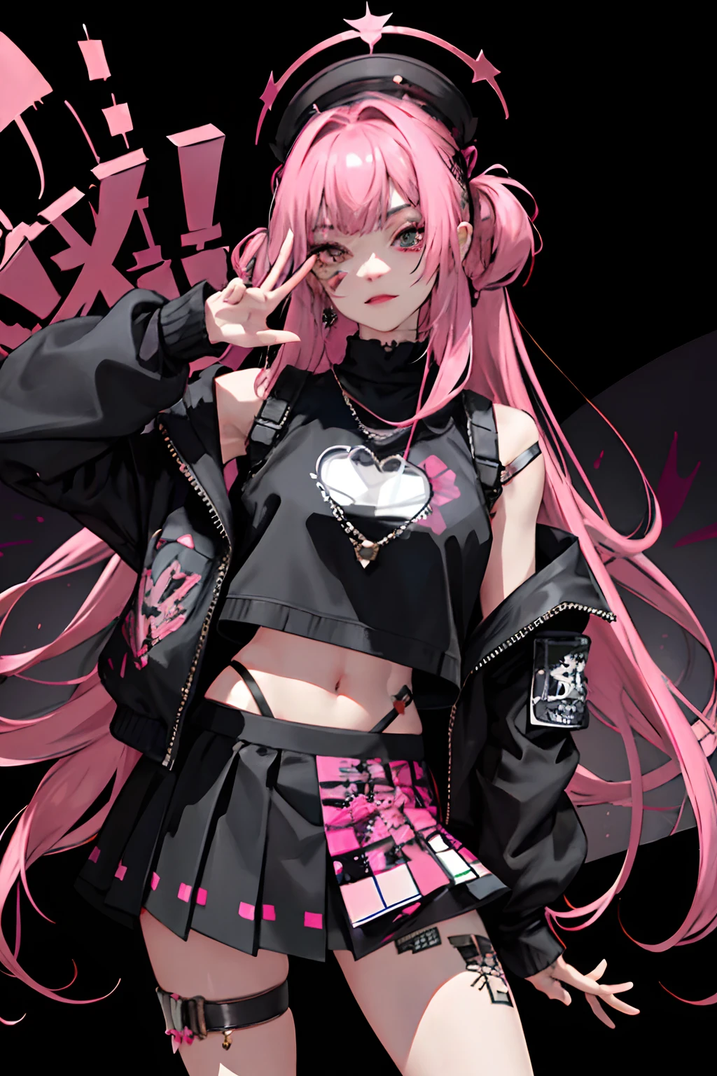 (masuter piece:1.2、top-quality)、(Live action、Intricate details)、(1lady、独奏、The upper part of the body、Colossal tits) garments: Edgy、Black jumper、Pink mini skirt、Avant-garde、Experimental appearance: Long pink hair、Dramatic makeup、Unconventional fashion choices behavior: Rebel、Runaway Ladies Leader、secretary-general、Black jumper、Pink mini skirt、Anti-system、Provocative Location: urban art district、Underground Music Scene Hobbies: Bad girl、Create mixed media art、Experiment with different subcultures values: individuality、authenticity、Creative Expression Inspiration: Runaway Ladies Leader、secretary-general、Counterculture icons、Nature: boldness、Unconventional。