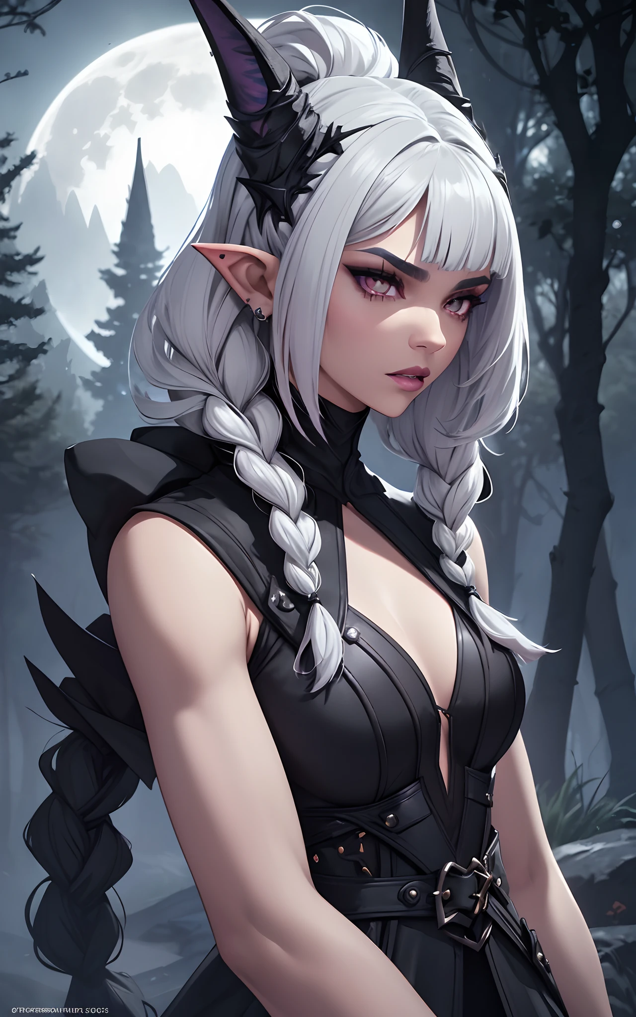 (Dark elf witch), the face of zendaya:Dua lipa, pointy ears, grey skin, white hair, (high top fade haircut), (one braid in one side of the head), masterpiece, dark forest in the background, fog, in the night, full moon ligth, 8k, detailed digital art.