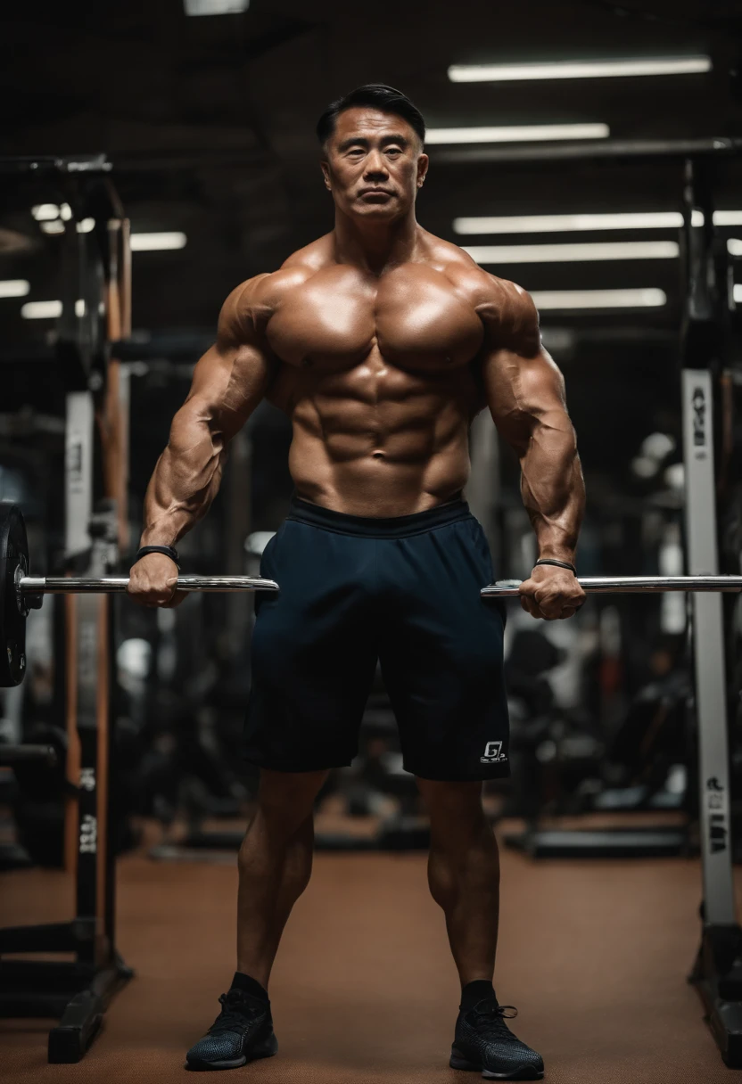 un Bodybuilder iper realistico , ultra dettagliato asiatico con volto giapponese alto 3 metri dal peso di 300 kg , capelli biondi lunghi con la coda, occhi azzurri, mascelle larghe, gambe impressionanti piene di venature, deltoidi come palloni , mentre posa presso uno stand con il marchio: INSULINE PUMPING ROOM presso la fiera del Mister Olympia 2023 di Bodybuilding.