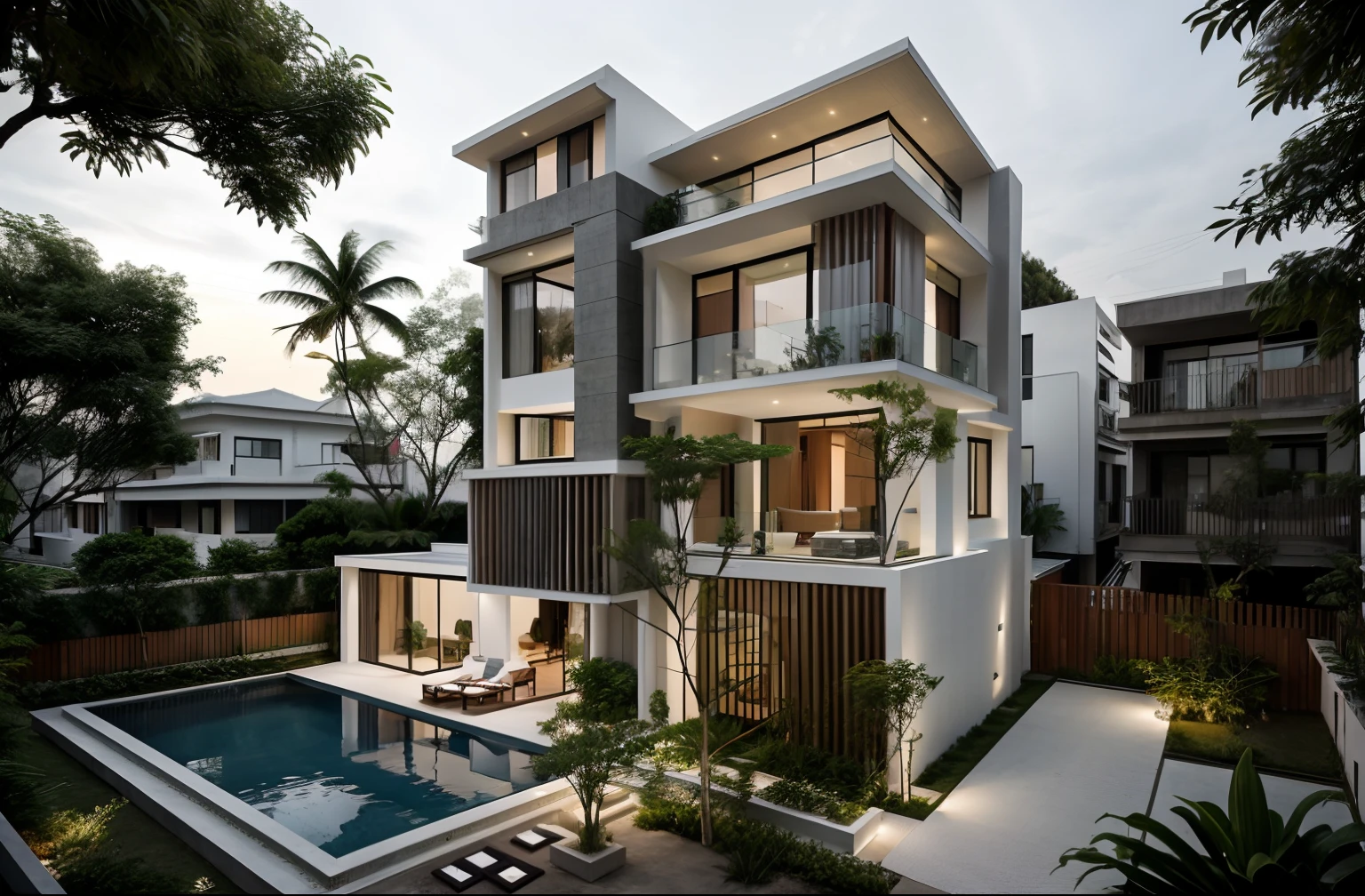 a modern house, located in a quiet area in Vietnam.  The house has a white facade and many windows, creating a harmonious and impressive whole.  The house is built with sustainable materials, the garden is designed in traditional Vietnamese bonsai style