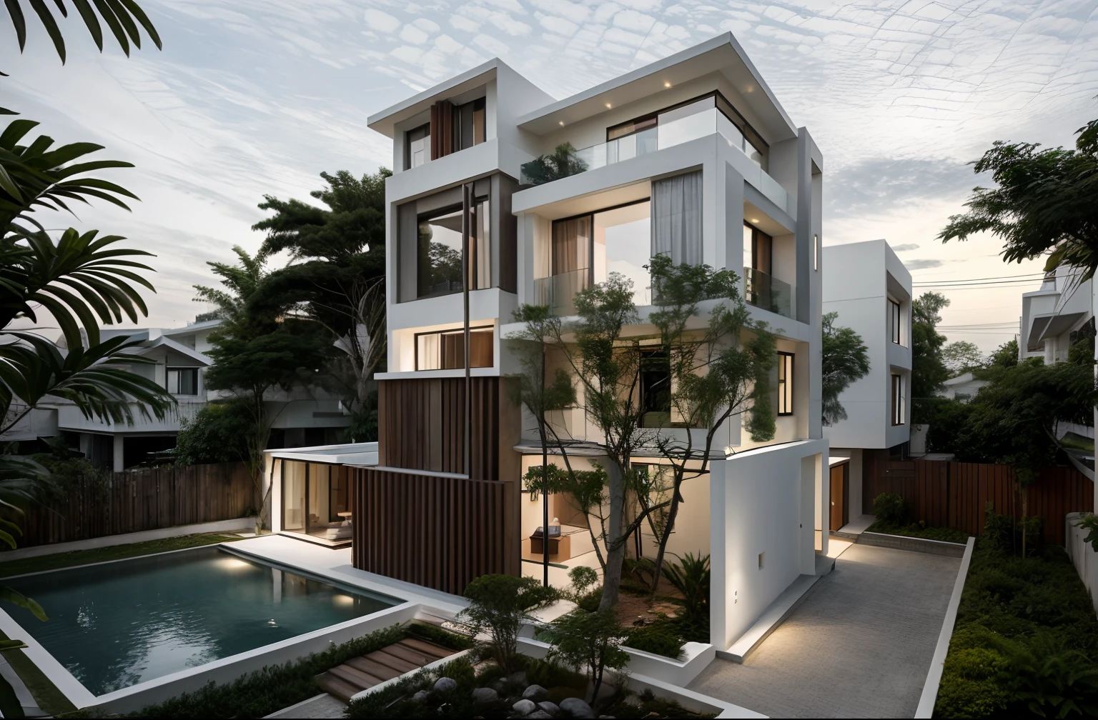 a modern house, located in a quiet area in Vietnam.  The house has a white facade and many windows, creating a harmonious and impressive whole.  The house is built with sustainable materials, the garden is designed in traditional Vietnamese bonsai style