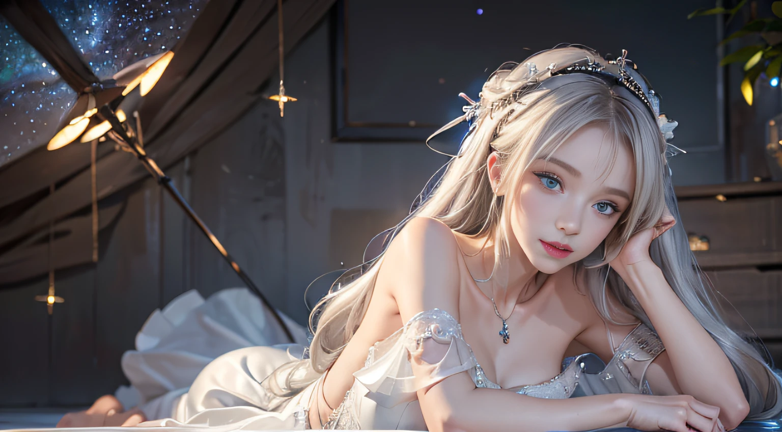 1 girl, Blonde gray hair, Straight hair, Spread hair, Long hair, PUPILS SPARKLING, long eyelashes, Blue eyes, makeup, Smile, Color Field Painting, Contemporary art, Northern Renaissance, Blurred, blending, From below, From Side, the panorama, ultra wide-angle, Wide Angle, F/1.8, 135 mm, canon, nffsw, retinas, masutepiece, Elaborate, Anatomically correct, Skin Texture, Super Detail, high detailing, High quality, hight resolution, 1080p, hard disk, 4K, 8K, of the highest quality, (Translucent off-the-shoulder immaculate white dress), (Beautiful woman lying on a wide floor), Sexy Pose (Full of stars in the background, Milky Way Galaxy), (Full of stars in the background, Milky Way Galaxy),(Black lace panties)