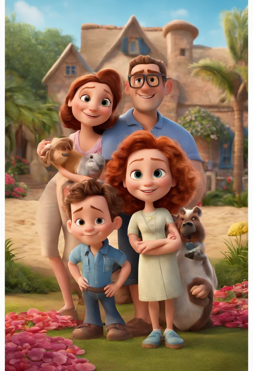 a Disney Pixar movie poster showing a white-skinned family. The father is the tallest, Tem barba curta, careca, usa oculos quadrados azul. Mom has brown eyes, red hair, shoulder-length and is slightly overweight. O menina tem 9 anos e cabelos castanhos, Soccer clothesThe background is a beach garden. 3D-rendering