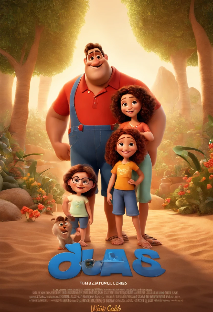 a Disney Pixar movie poster showing a white-skinned family. The father is the tallest, Tem barba curta, careca, usa oculos quadrados azul. Mom has brown eyes, red hair, shoulder-length and is slightly overweight. O tem 9 anos e cabelos castanhos, Soccer clothesThe background is a beach garden. 3D-rendering
