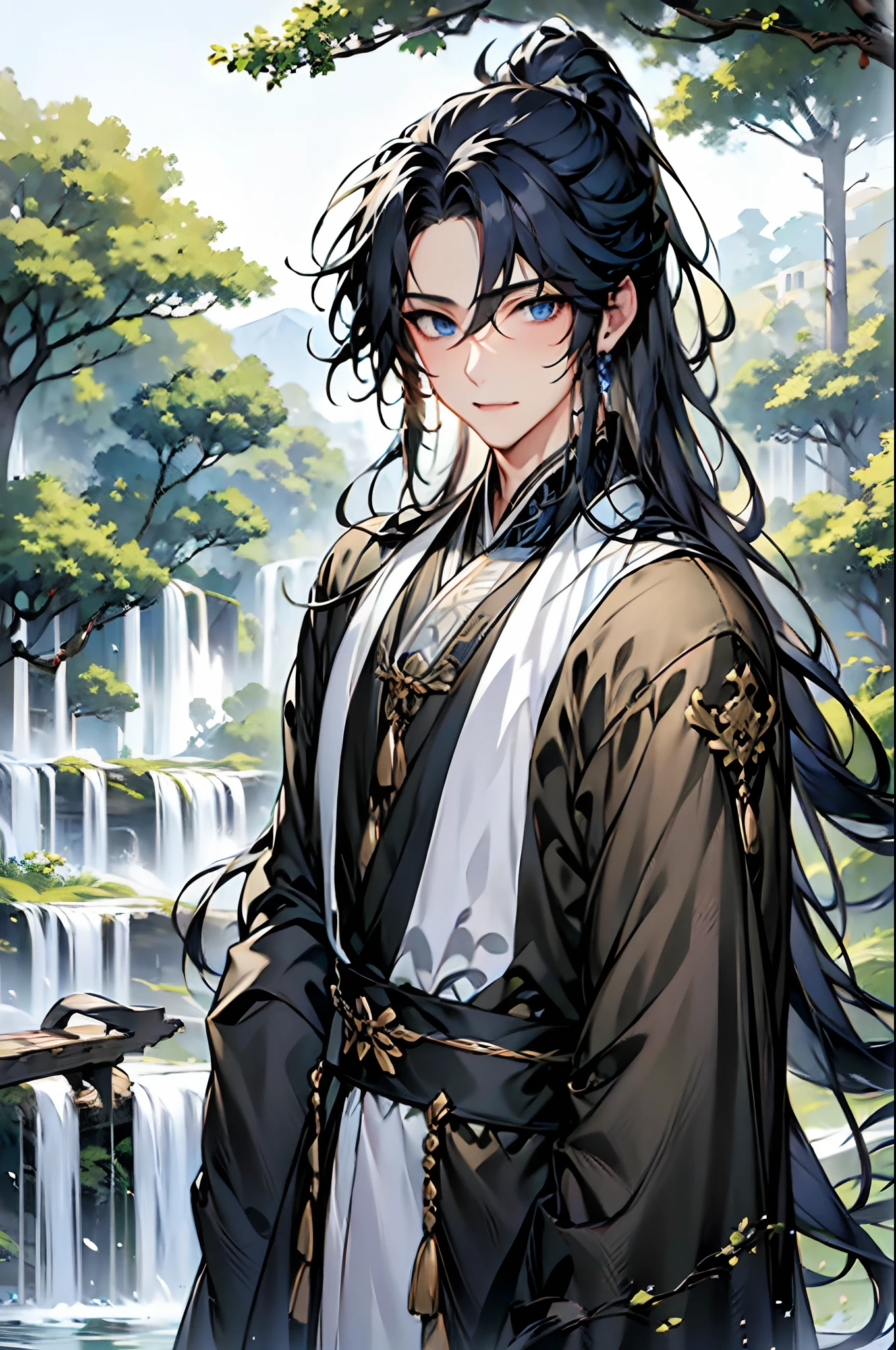 1boys, 独奏,long whitr hair,High ponytail, view the viewer, , Blue eyes, hair adornments,,mont,waterfallr,Crane,florals,The tree,florals,