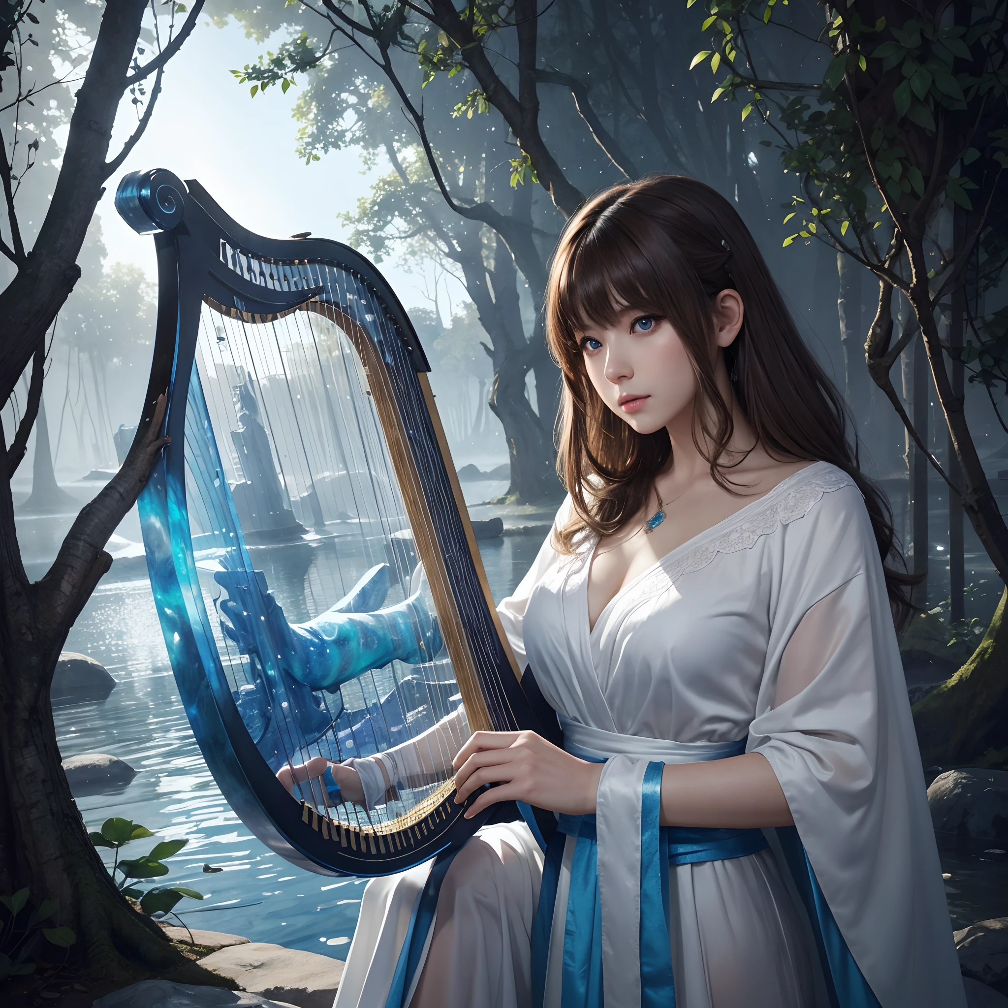 hightquality、8K Ultra HD、fullllbody、A 16-year-old female harpist is playing the harp、robe blanche、light brown hair、Blue eyes、(In the background is a lovely healing forest and a waterside)、cute little、Beautiful fece、portlate、Moonlight、Crystal Brilliance、art by:Alberto Seveso、Symmetrical、Abstract art style、Complex and intricate watercolor painting 、digitial painting、concept-art、Volumetric lighting、TanvirTamim、metal reflective、2d render、8K。 by artgerm、Trending on ArtStation