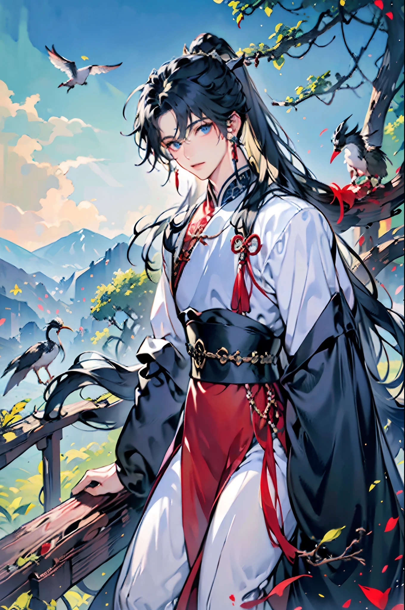 1boys, 独奏,long whitr hair,High ponytail, view the viewer, , Blue eyes, hair adornments,,Red Chinese costume,mont,waterfallr,Crane,florals,The tree,florals,Best quality at best,tmasterpiece,Official picture,8K,