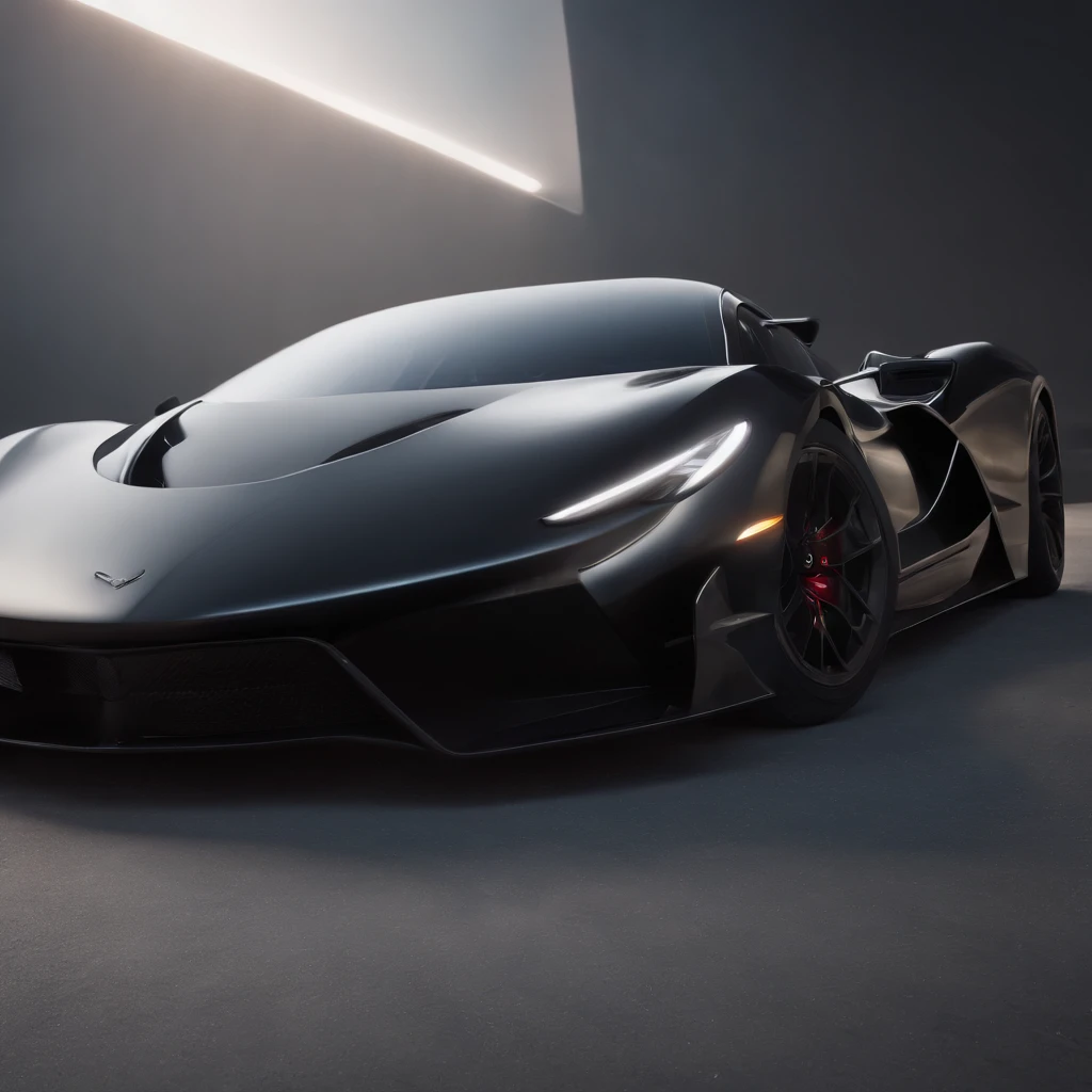 a close up of a black sports car in a dark room, a 3D render by Adrian Zingg, unsplash, conceptual art, render of futuristic supercar, supercar, super car, sharp render, daniel maidman octane rendering, futuristic product car shot, with sleek lines and a powerful, sportscar, ultra render, extreme render, luxury hd render, zaha hadid octane highly render