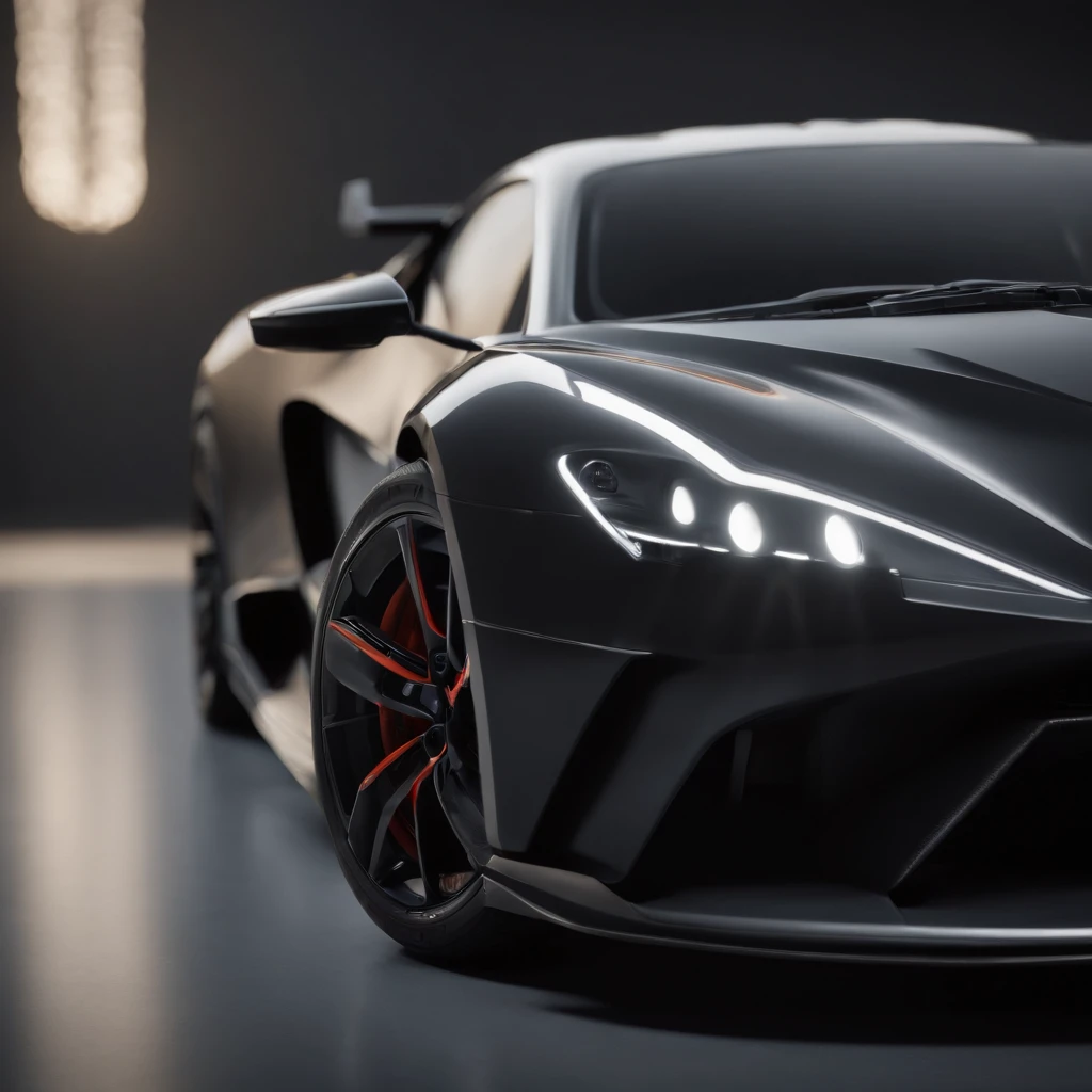 a close up of a black sports car in a dark room, a 3D render by Adrian Zingg, unsplash, conceptual art, render of futuristic supercar, supercar, super car, sharp render, daniel maidman octane rendering, futuristic product car shot, with sleek lines and a powerful, sportscar, ultra render, extreme render, luxury hd render, zaha hadid octane highly render