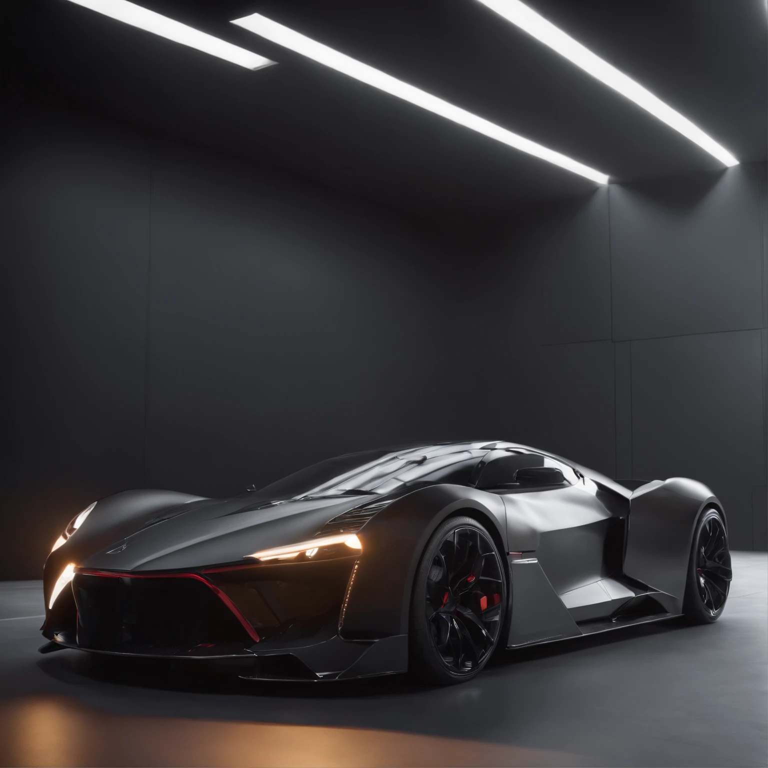 a close up of a black sports car in a dark room, a 3D render by Adrian Zingg, unsplash, conceptual art, render of futuristic supercar, supercar, super car, sharp render, daniel maidman octane rendering, futuristic product car shot, with sleek lines and a powerful, sportscar, ultra render, extreme render, luxury hd render, zaha hadid octane highly render