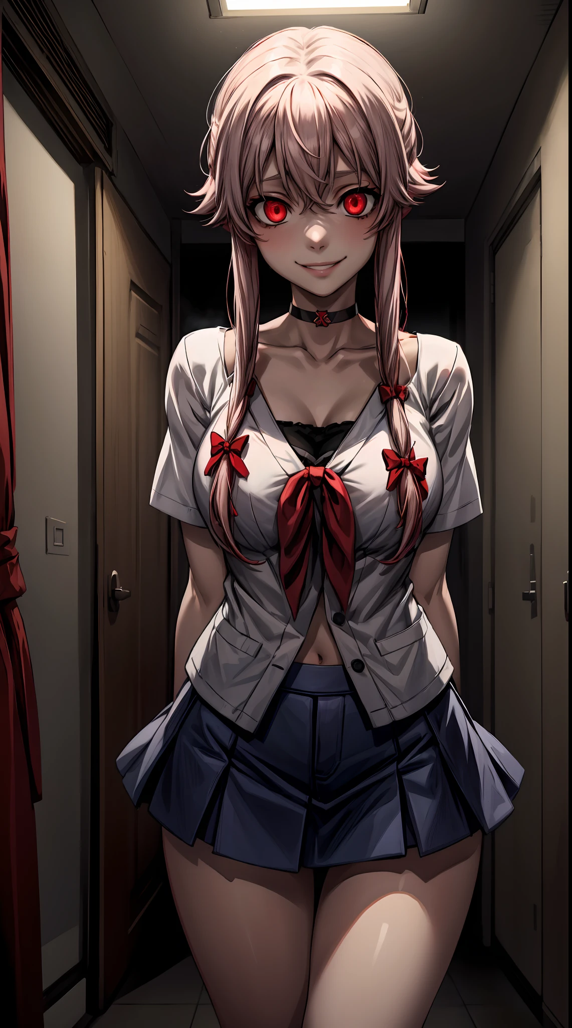 gasai yuno, white cardigan, black shirt, denim skirt, miniskirt, collarbone BREAK red eyes, large breasts, black choker, (head tilt:0.8), smile, arms behind back, in a old room, YAMEROYANDERE CONSTRICTED PUPILS YANDERE EMPTY EYES SHADED FACE CRAZY EYES GLOWING EYES CRAZY SMILE DARK