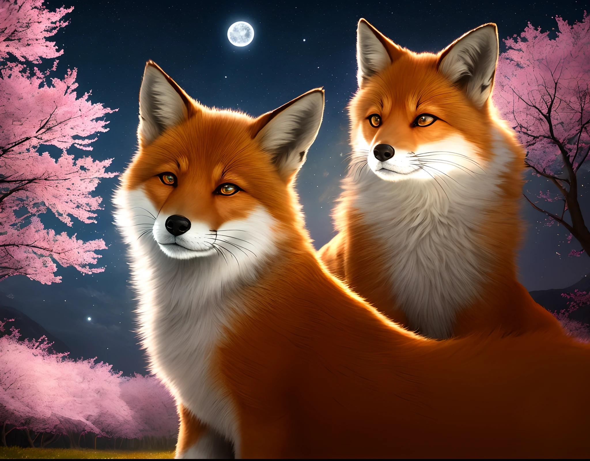 Fox Boy，hairy pubic，shaggy，Skin fur，Golden fur，Golden yellow face fur,Short straight blonde hair，Eyes have light，Red eyes，Super cute face，Brown elements on fur，Brown coat brown hood up，Star pattern white top，brown shorts，Beautiful lights and shadows，Ambient light，Ultra-fine fur，volumettic light，Night,natural  lightting，Fluffy tail，Night，starrysky，Vast landscape，crossed bangs, Hairline, Shiny hair, lone nape hair, ，Dilated pupils，Sleepy，（moon full：1.2），（meteors：0.9），（Starcloud：1.3），Inside the cherry blossom forest，Cherry blossoms fall，（Warm light source：1.2），（glowworm：1.2）， Purple and orange，Complicated details，Volumetriclighting，Realist breakthrough（tmasterpiece：1.2）（best qualtiy），4K，Ultra-delicate，（Dynamic configuration：1.4），Highly detailed and colorful details，（Irridescent color：1.2），（luminouslighting，Atmospheric lighting），dream magical，magic，（独奏：1.2）Glowing light, in a panoramic view
