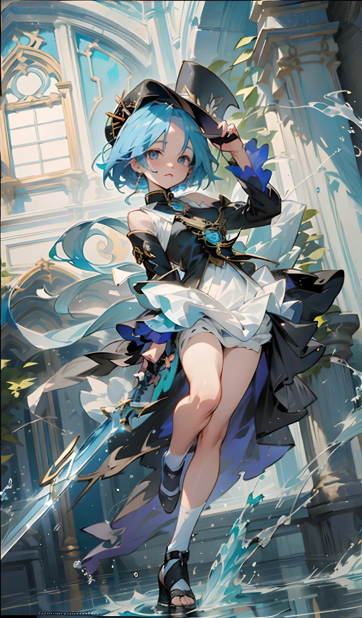devil, Angel, 1girl in, Cute, Water, Smile, Asian, Face seen from the side, Fish, Orion, flowingwater, dutch_Angle, from bellow,ceiling,Looking at Viewer, Black_gloves, Elegant Full Dress,