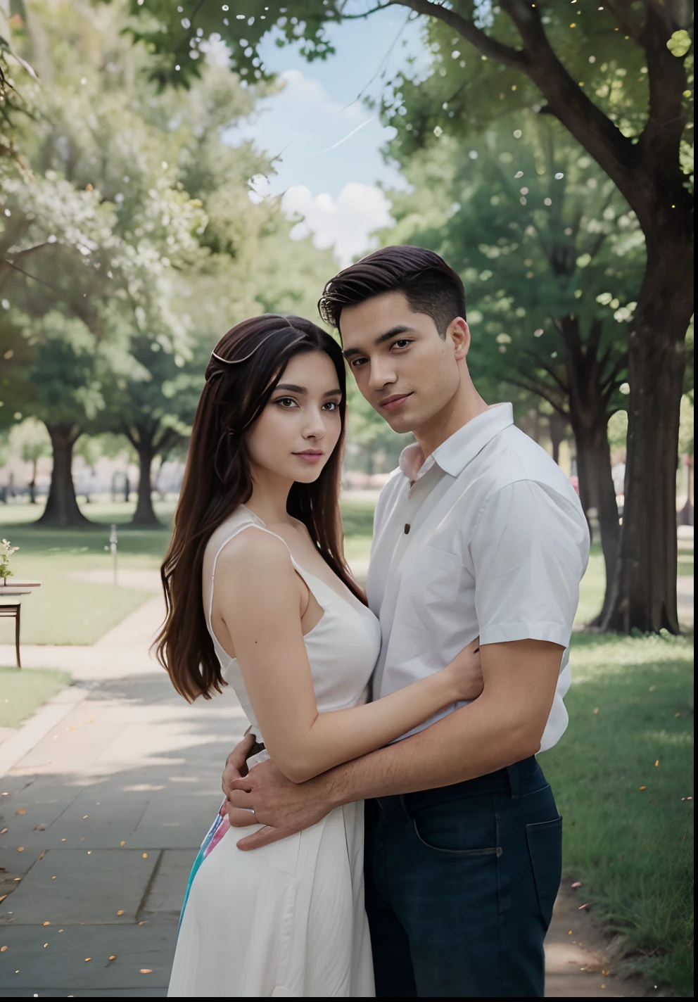 painting of a couple standing under a tree in a park, couple pose, [ digital art ]!!, realistic picture, photorealistic!!!!!!! art style, watercolor digital painting, romantic couple, lovely couple, couple portrait, couple, beautiful drawing style, colorized pencil sketch, official fanart, a beautiful artwork illustration, digital cartoon painting art, couples portrait, made with anime painter studio