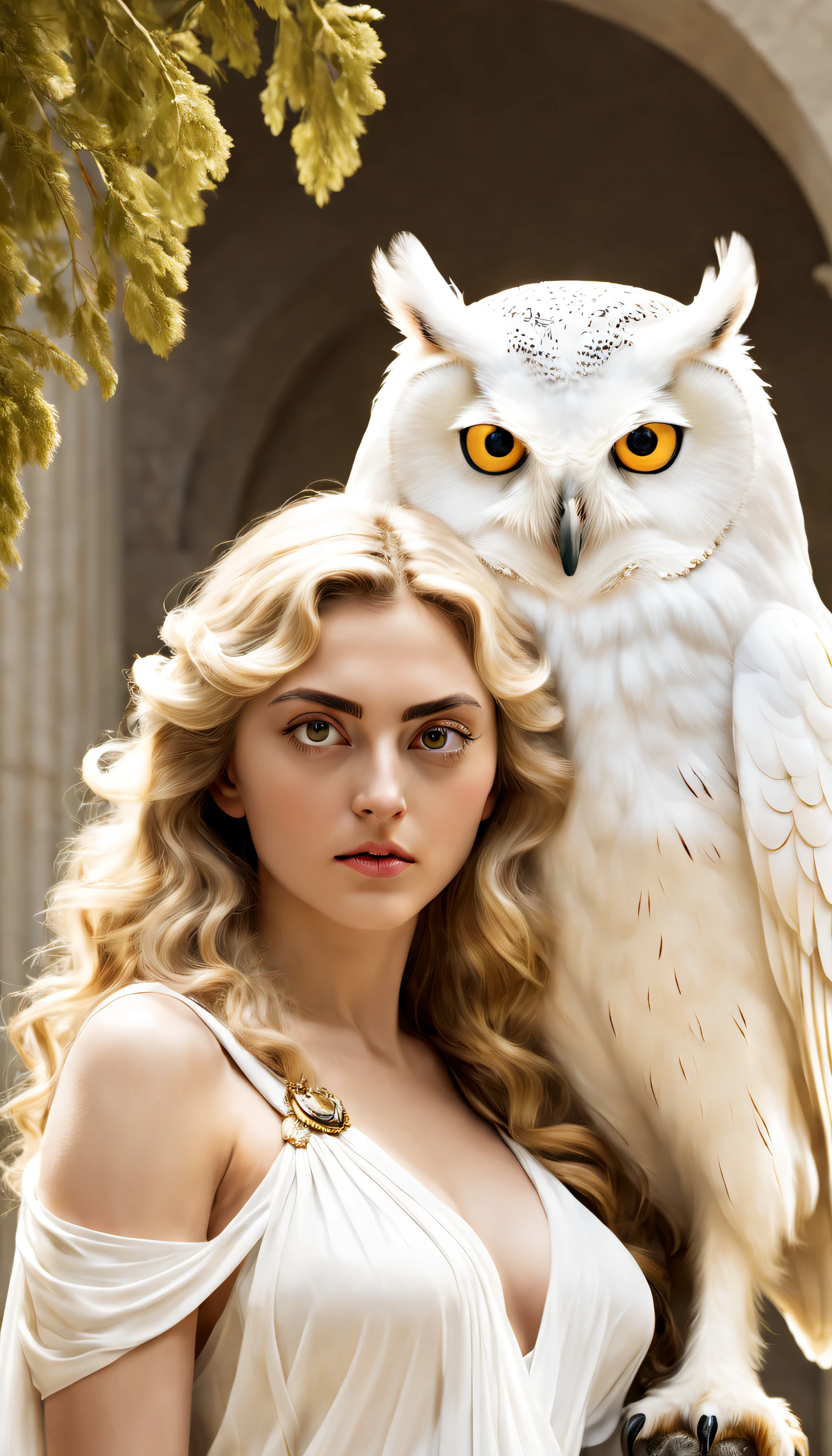 (A pure white owl is held up by Athena's shoulders), （The entire body of an owl）， (Pure white owl: 1.37), Pure white owl, Pure white owl, (Stand on Athena's left shoulder：1.30), (Stand on the shoulder) ，(Stand on the shoulder) ， The owl's face is round, (wide blue eyes: 0.8), very large eyes, Short curved beak, Thick, Pure white，hat feather, It is a unique and beautiful creature，The wonders and wisdom of nature are on display, 
(The left half of Athena's body: 0.8), The eyes of the goddess were bright and large, Charming and majestic, Her facial contours are elegant and refined, Her Greek nose is straight, Her hair is blonde or dark, Long and smooth, Her mouth is often pursed tightly, Show her determination and determination. Her skin is fair and flawless, ivory skin, Dignified and beautiful, Shining golden light, Wearing an olive branch,,{{Masterpiece}}, {{{Best quality}}}, {{Ultra-detailed}}, {{illustration}}, {{Disheveled hair}}, {{Masterpiece}}, {{{Best quality}}}, {{Ultra-detailed}}, {{{illustration}}}, {{Disheveled hair}}
Surrealist art style ,closeup cleavage，mito，Ancient Greece，,Masterpiece,Matte painting,Enigmatic Atmosphere,Depth of field (degrees of freedom),boobs shot(mcu),Close up,Dramatic lighting