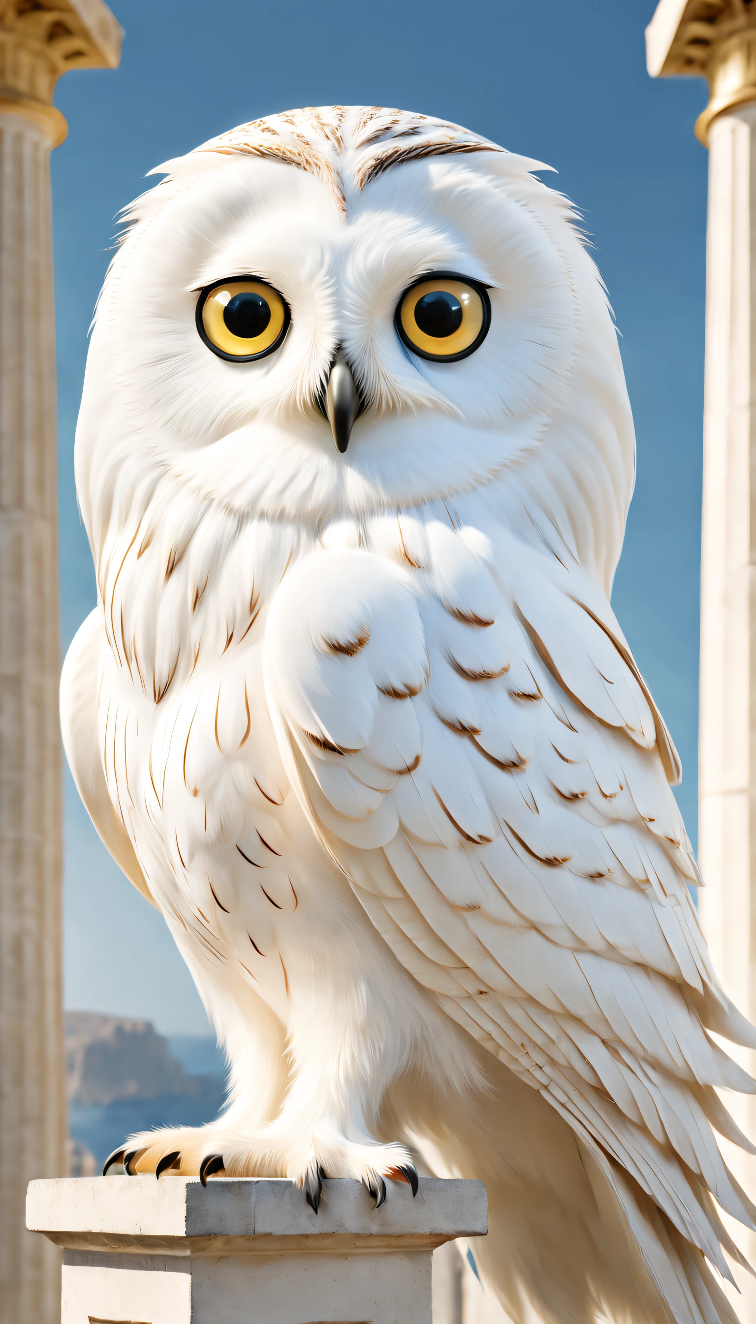 (A pure white owl is held up by Athena's shoulders), （The entire body of an owl）， (Pure white owl: 1.37), Pure white owl, Pure white owl, (Stand on Athena's left shoulder：1.30), (Stand on the shoulder) ，(Stand on the shoulder) ， The owl's face is round, (wide blue eyes: 0.8), very large eyes, Short curved beak, Thick, Pure white，hat feather, It is a unique and beautiful creature，The wonders and wisdom of nature are on display, 
(The left half of Athena's body: 0.8), The eyes of the goddess were bright and large, Charming and majestic, Her facial contours are elegant and refined, Her Greek nose is straight, Her hair is blonde or dark, Long and smooth, Her mouth is often pursed tightly, Show her determination and determination. Her skin is fair and flawless, ivory skin, Dignified and beautiful, Shining golden light, Wearing an olive branch,,{{Masterpiece}}, {{{Best quality}}}, {{Ultra-detailed}}, {{illustration}}, {{Disheveled hair}}, {{Masterpiece}}, {{{Best quality}}}, {{Ultra-detailed}}, {{{illustration}}}, {{Disheveled hair}}
Surrealist art style ,closeup cleavage，mito，Ancient Greece，,Masterpiece,Matte painting,Enigmatic Atmosphere,Depth of field (degrees of freedom),boobs shot(mcu),Close up,Dramatic lighting