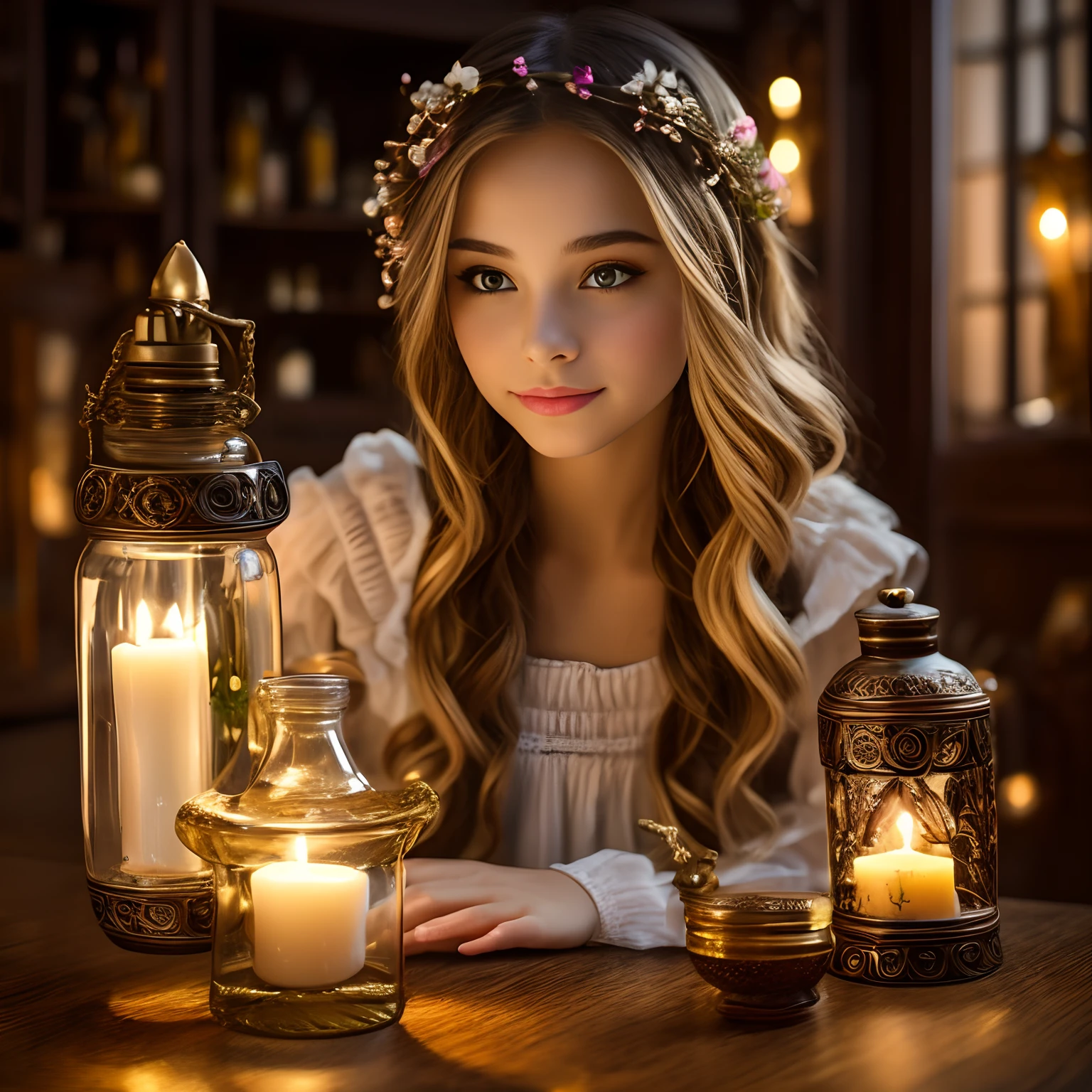 a transcendent beautiful girl having the wonderful magical potion which gives eternal youth and beauty, the potion is brightly shining in a small antique bottle, the girl is neat and thoughtful, gentle and intelligent, pure and innocent, noble and elegant, mischievous and charming